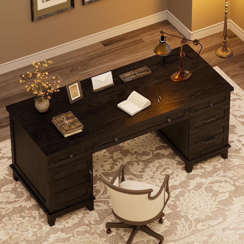 IDEALHOUSE Farmhouse Executive Desk 60 Inch, All-in-One Home Office Table with Built-in Charging Port, Rustic Wooden Computer Desk with File Drawers for Work, Rustic Black