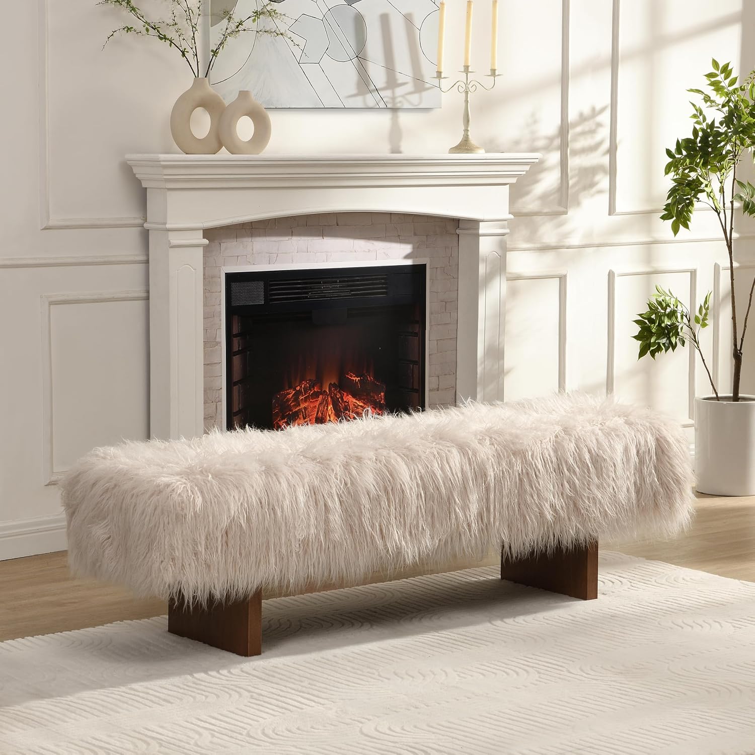 Christopher Knight Home Lenka 67' Long-haired Faux Wool Bedroom Bench, Rubberwood Ottoman Bench, Spacious Seating, Long Footstool for Living Room, Luxury Entryway Bench, Brown+Beige