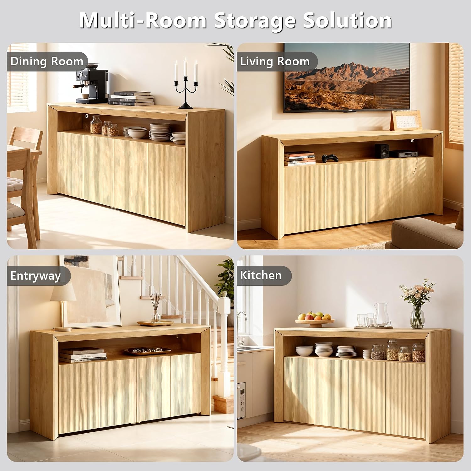 Einhomn 66.2' Buffet Cabinet with Storage and led Lights, Modern Sideboard Cabinet with 4 Doors & Shelves, Fluted Media Console Mid Century Coffee Bar Table for Living Room Kitchen Dining Room, Oak
