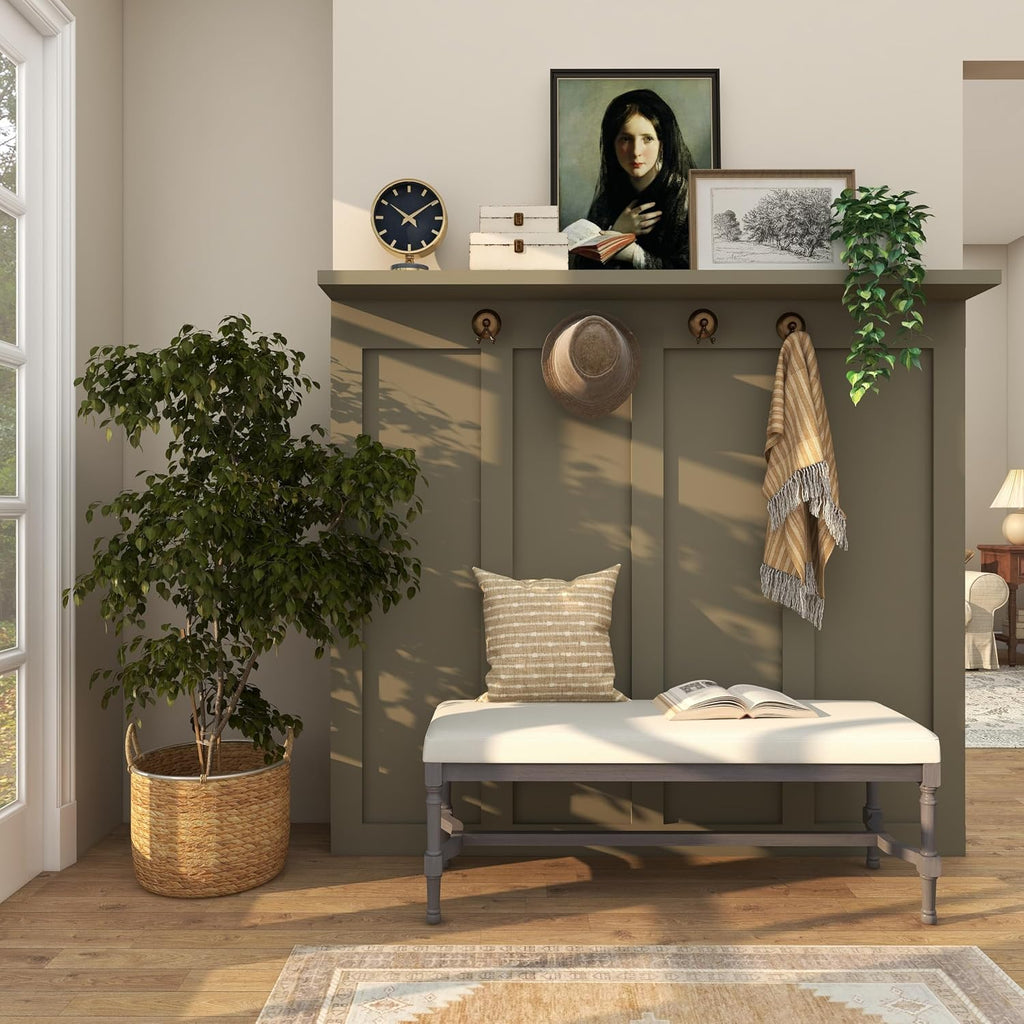 Deco 79 Wood Home Bench Entryway Bench with Burlap Seat, Bedroom Bench 47' x 16' x 18', Gray