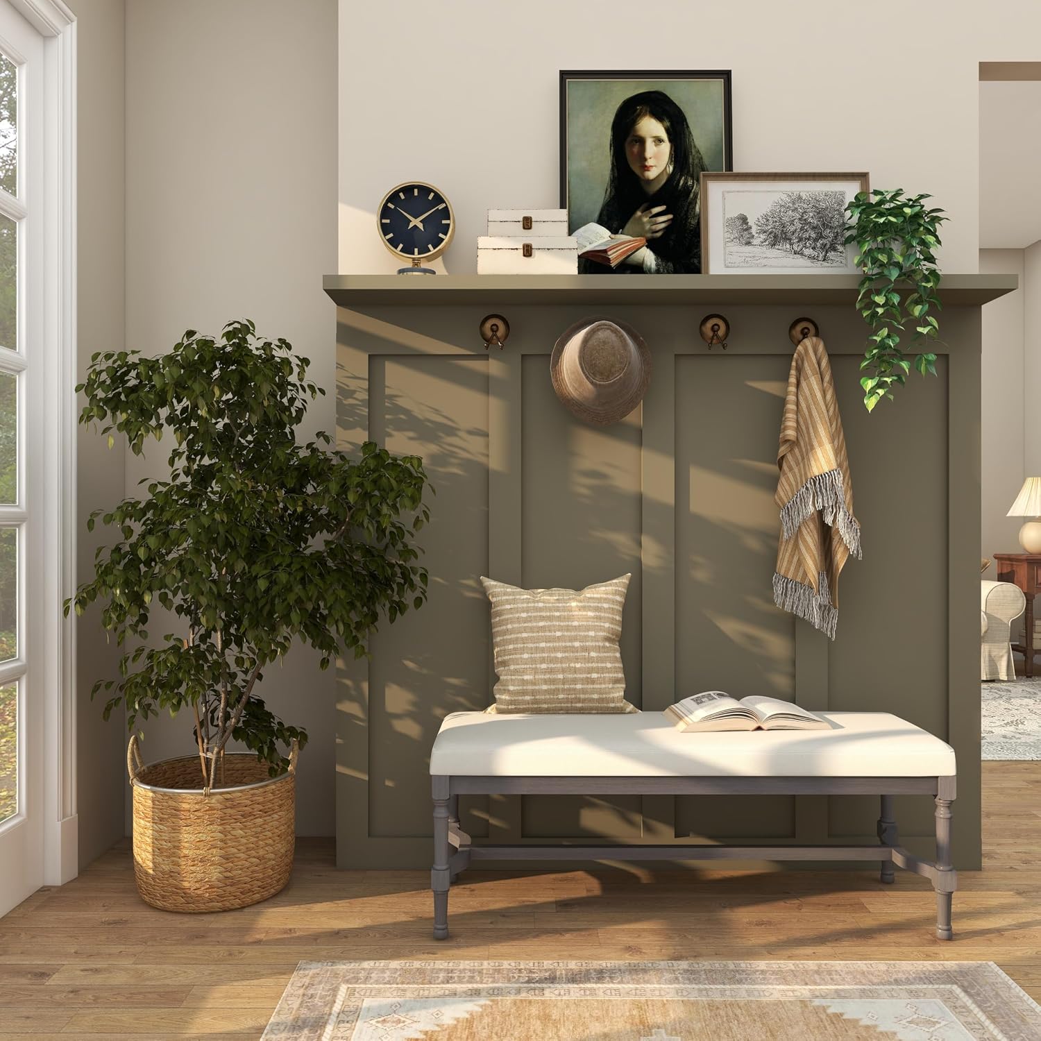 Deco 79 Wood Home Bench Entryway Bench with Burlap Seat, Bedroom Bench 47' x 16' x 18', Gray