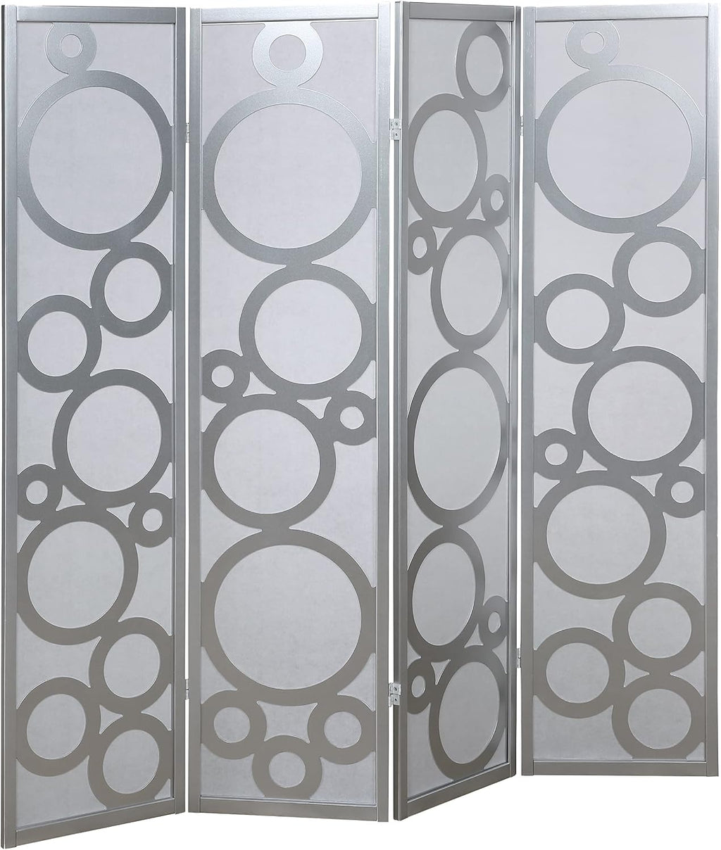 Roundhill Furniture Arvada 4-Panel Wood Room Divider with Circle Pattern, Silver