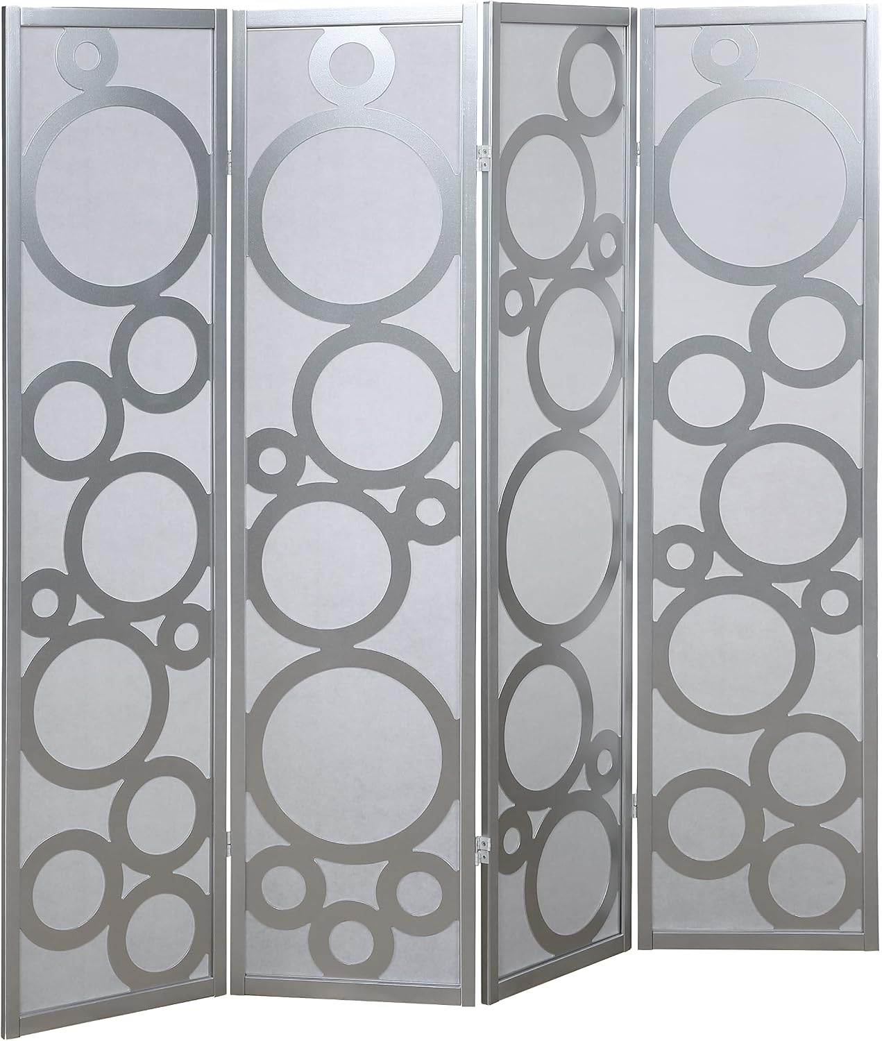 Roundhill Furniture Arvada 4-Panel Wood Room Divider with Circle Pattern, Silver