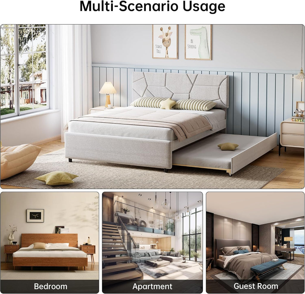 Garvee Queen Size Bed Frame with Trundle, Upholstered Platform Bed Frame with Headboard, Trundle Bed Twin, Wood Slat Support, for Bedroom, Living Room, Guest Room