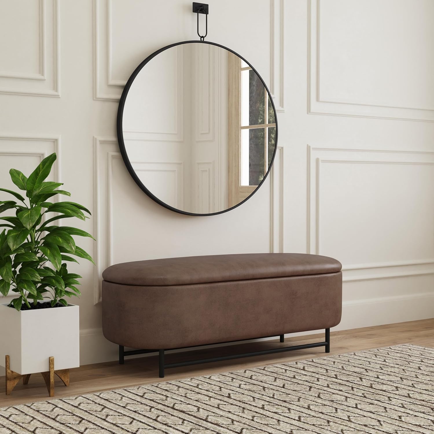 HomePop 46' Ellipse Storage Bench with Metal Legs - Brown Faux Leather