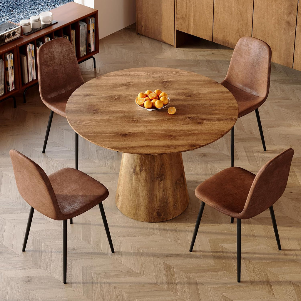 45'' Round Dining Table, Small Round Dining Room Table, One-Piece Tabletop and Stable Pedestal Base, Mid Century Modern Wood Dinner Table for Kitchen Dining Room, Apartment