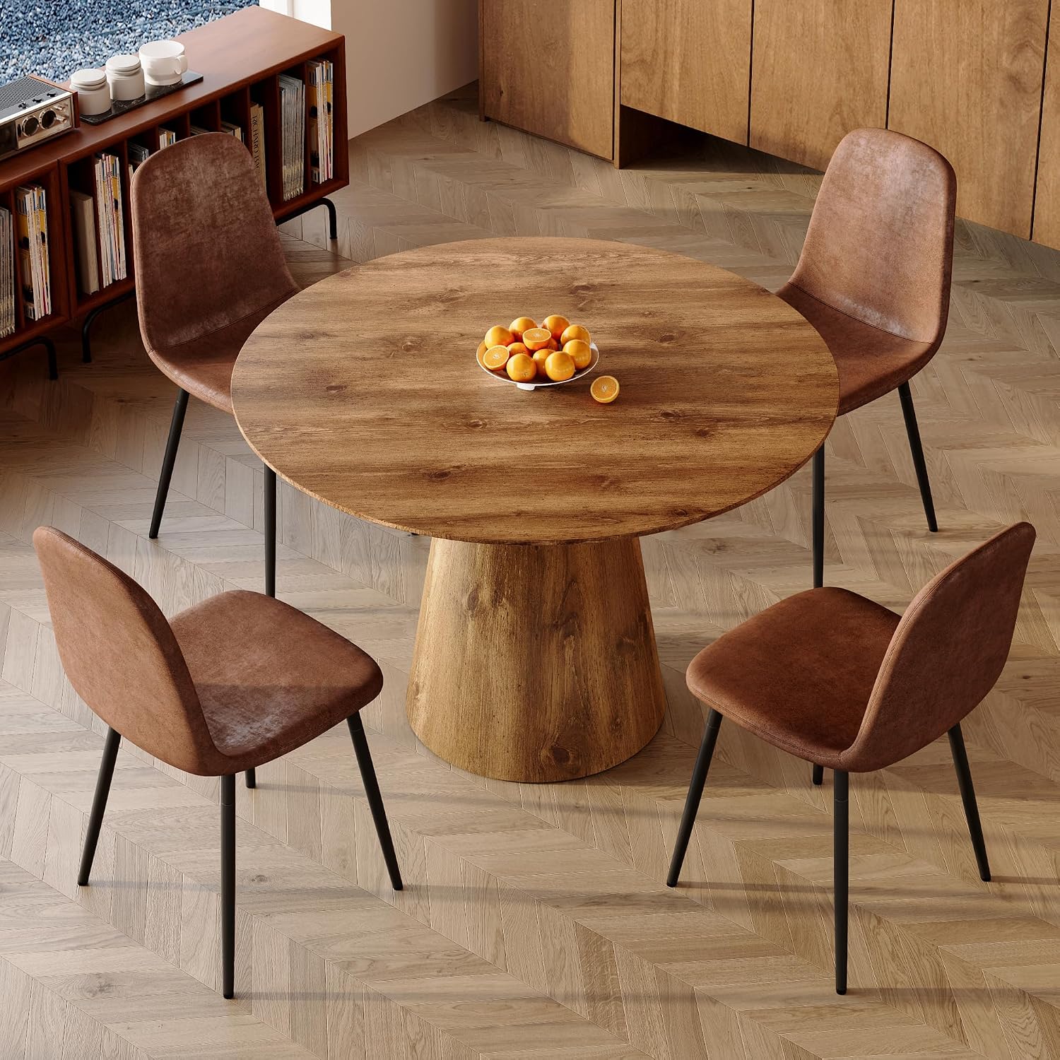 45'' Round Dining Table, Small Round Dining Room Table, One-Piece Tabletop and Stable Pedestal Base, Mid Century Modern Wood Dinner Table for Kitchen Dining Room, Apartment