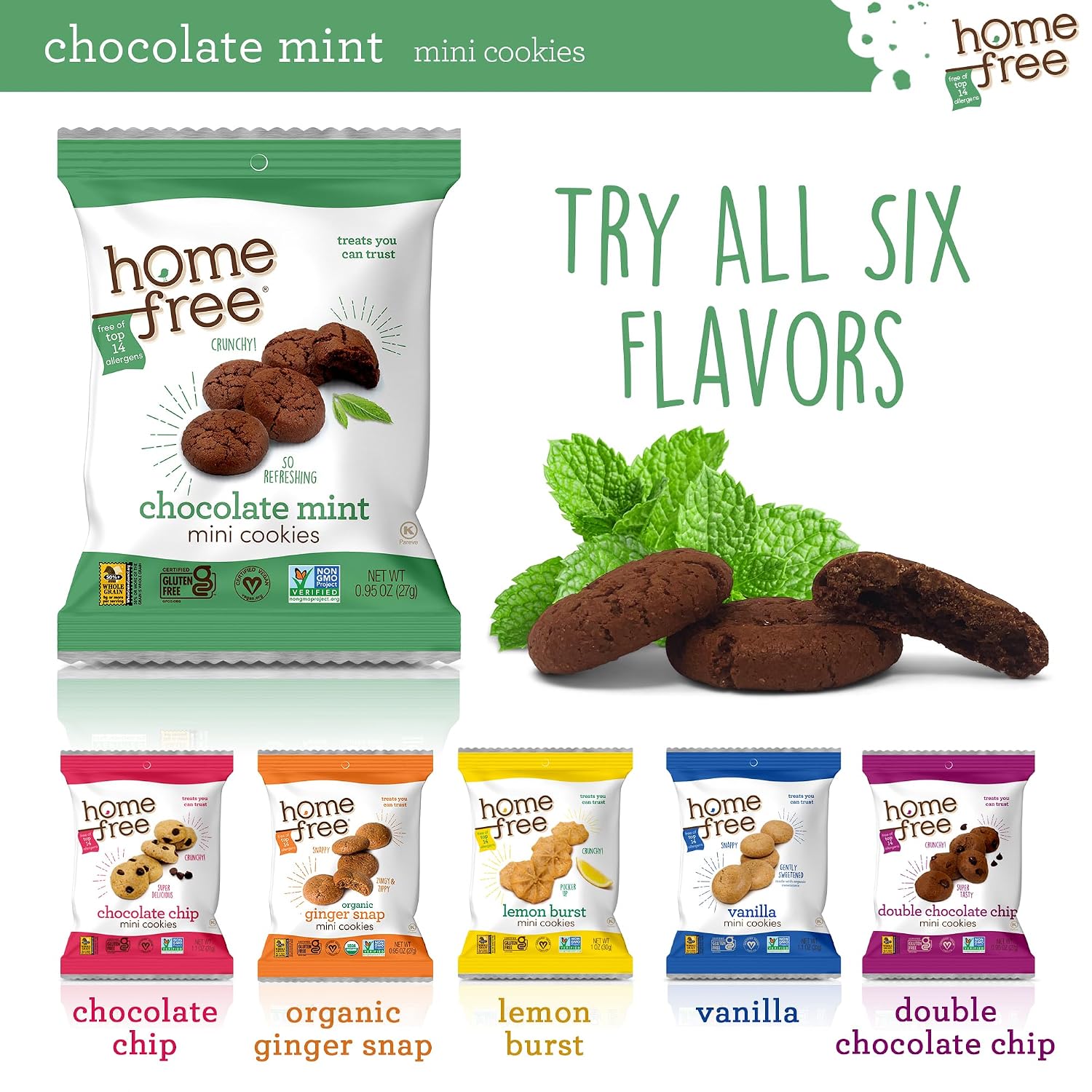 Homefree Chocolate Mint Mini Cookies, Gluten Free, Nut Free, Vegan, Individually Wrapped Packs, School Safe and Allergy Friendly Snack, 0.95 oz. (Pack of 64)