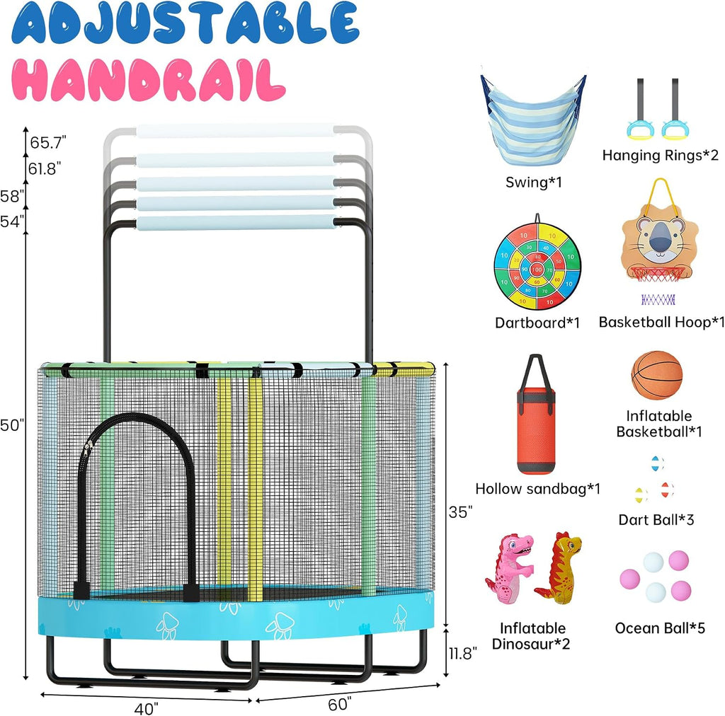 Lamerge Kids Trampoline, Toddler Bouncing Trampoline with Safety Enclosure Net, ASTM-Approved, 500lbs Capacity, Ages 1-8, Adjustable Handrail, 7-in-1, 60'