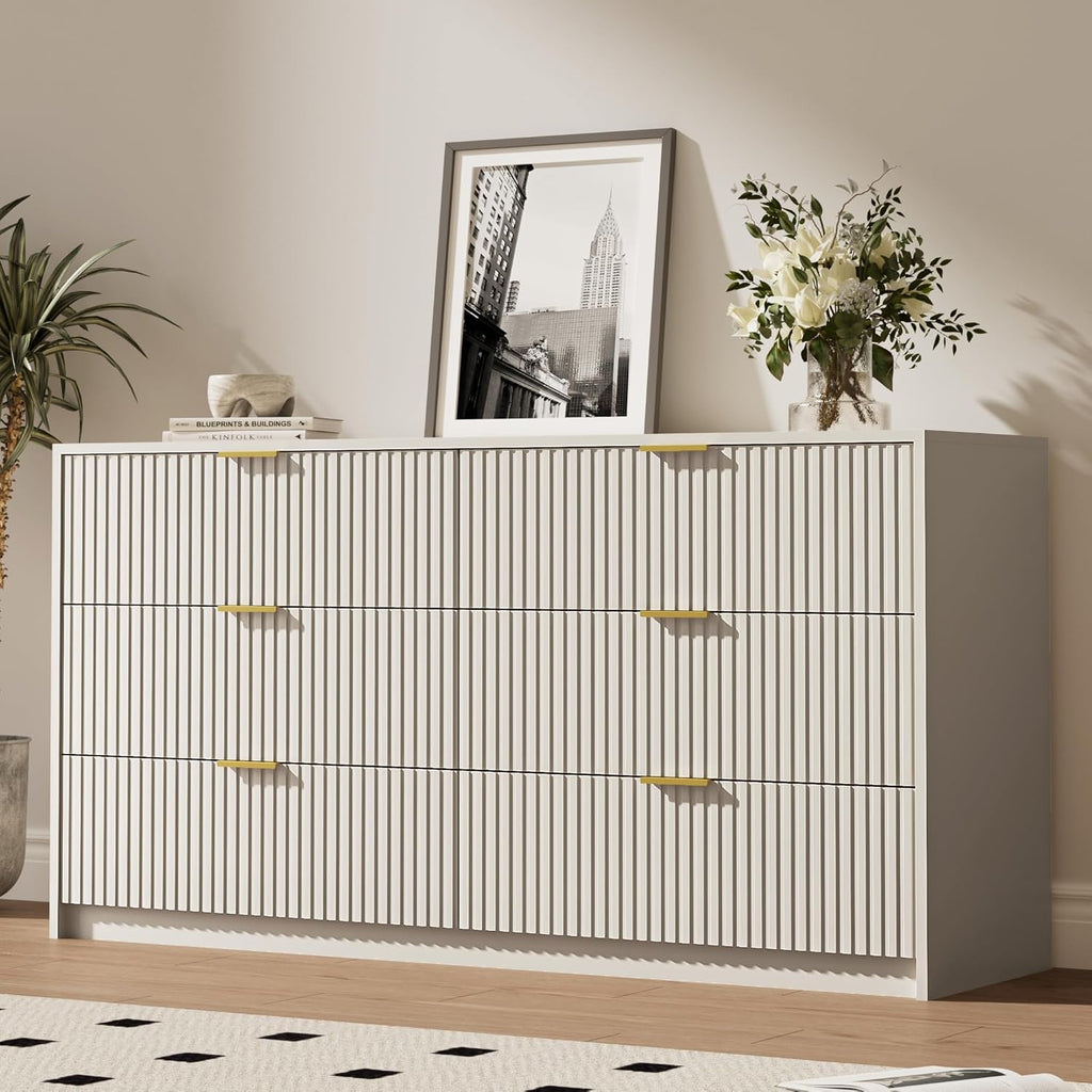 MAISONARIA 6 Drawer Dresser for Bedroom, 55' Wide Modern Chest of Drawers with Gold Metal Handles, Fluted Wood TV Stand for Living Room, Hallway(Beige)