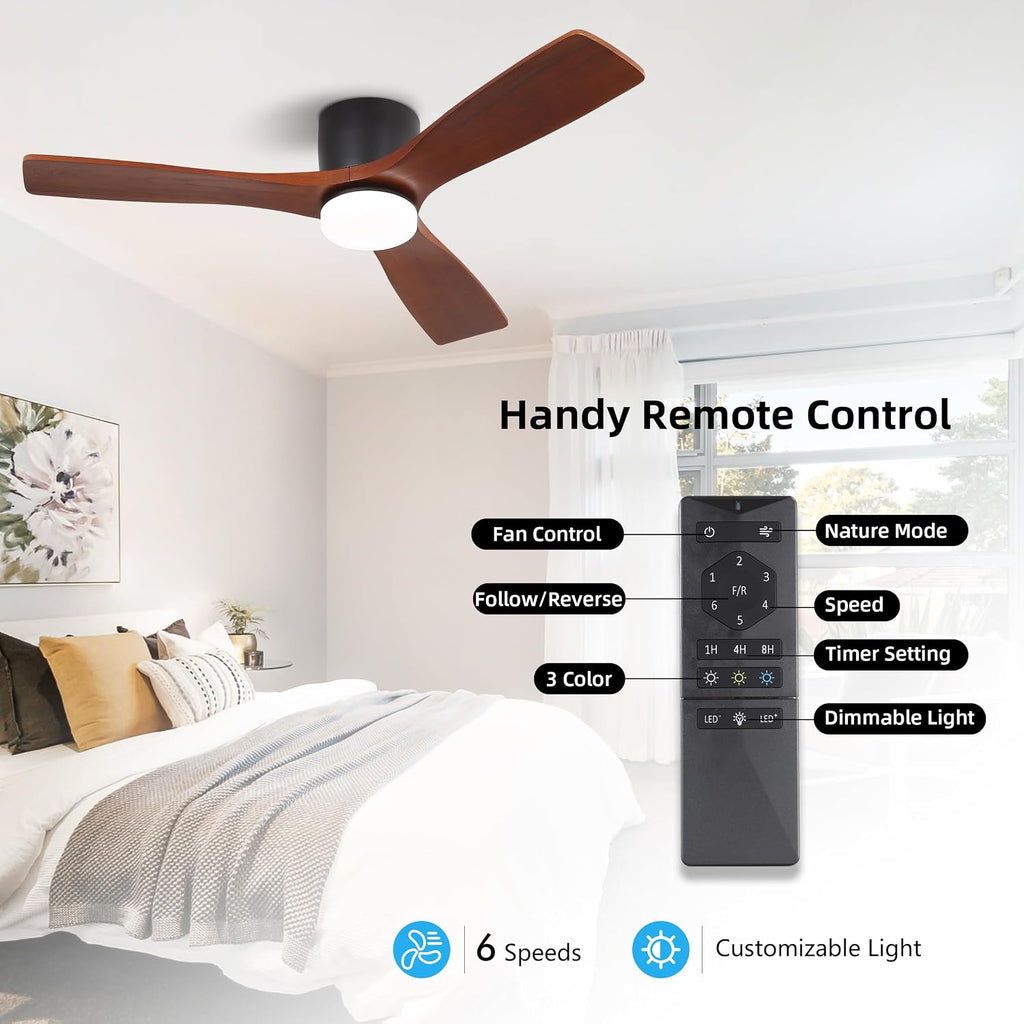 WINGBO 48 Inch Flush Mount DC Ceiling Fan, 3CCT Dimmable Light, 3 Carved Wood Blades, 6-Speed Noiseless Reversible DC Motor, Hugger Low Profile Fan, Matte Black Finish with Walnut Blades, ETL Listed