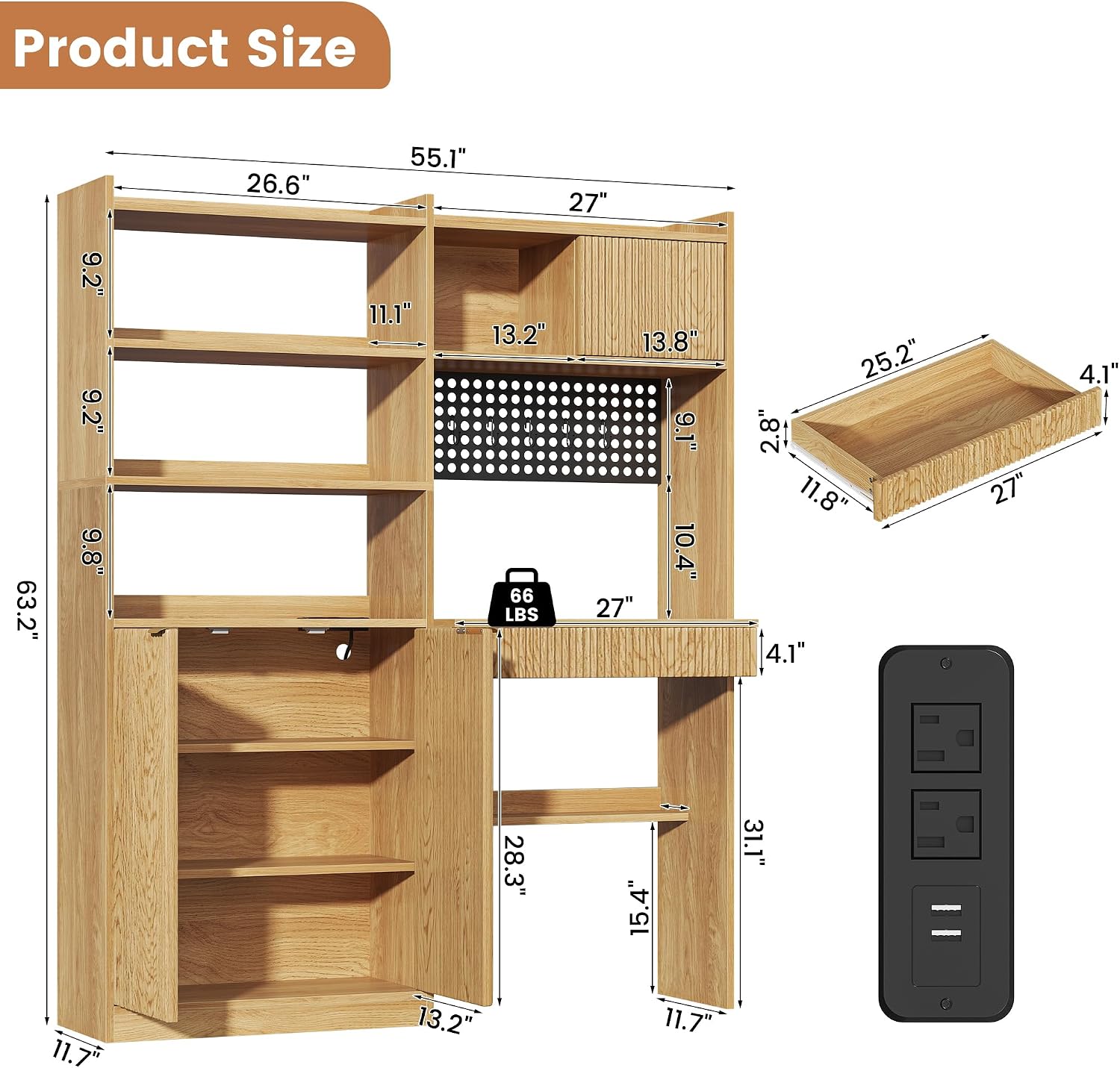kepptory 63' Tall Computer Desk with Hutch, Fluted Wood Home Office Desk with Charging Station, Drawer & Storage Cabinet, Oak Workstation for Work & Study