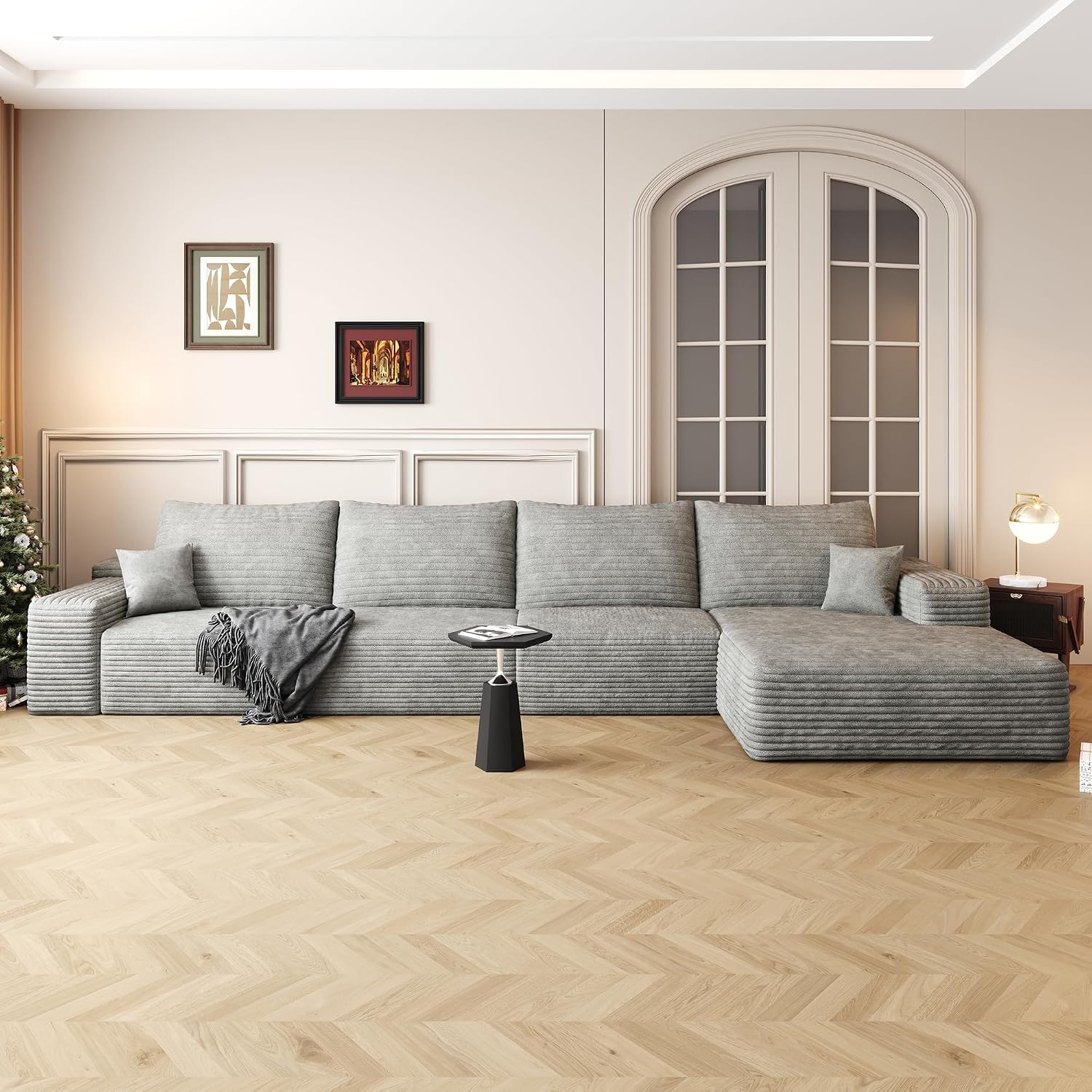 Eafurn 135' Oversized Right Facing Boneless Modular Sectional Sofa Couch with Chaise Lounge, 33D High-Density Foam Compressed Floor Couch with Deep Seat and Throw Pillows