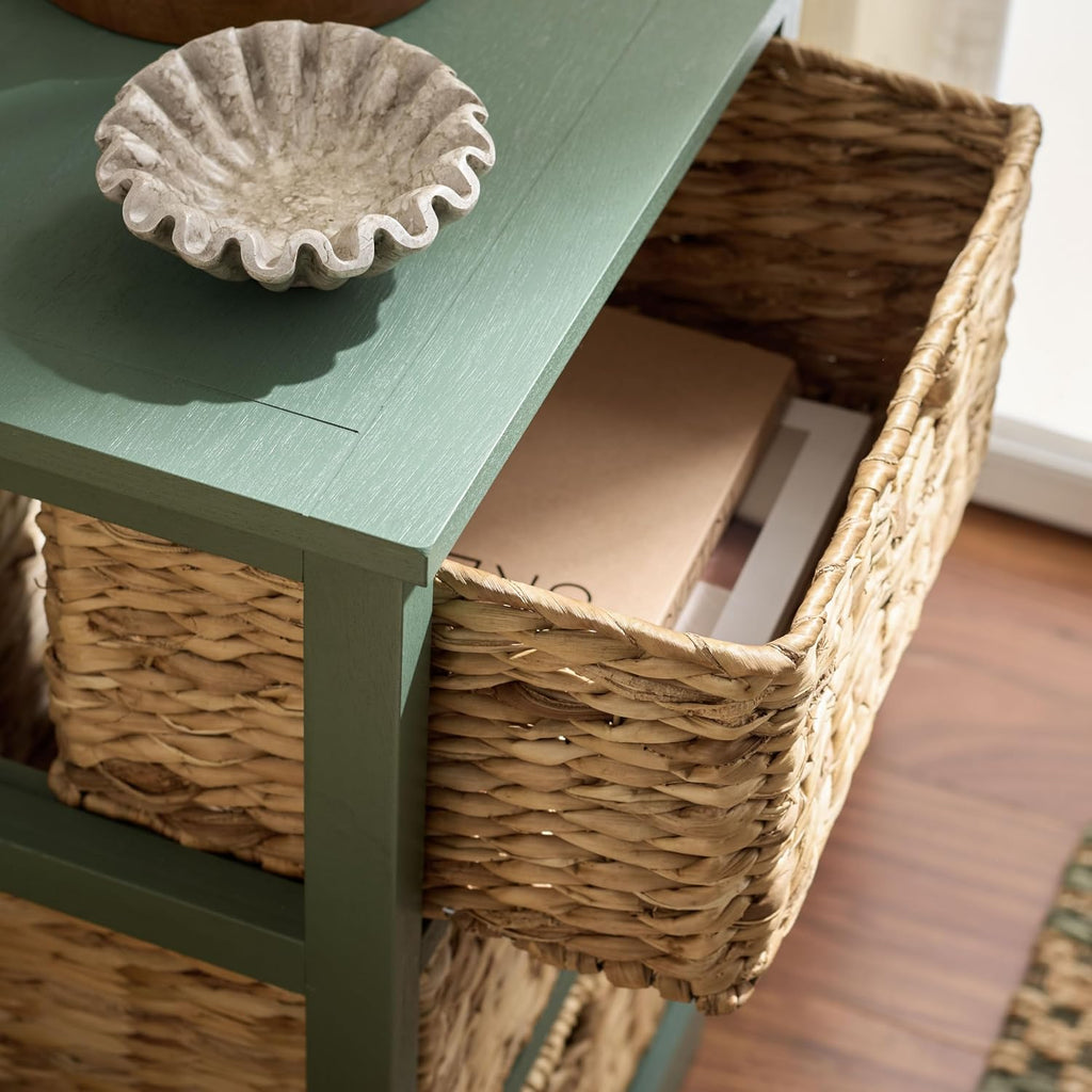 SAFAVIEH Furniture - Halle 3-Basket Side Table - Dusty Green - Solid Wood - Coastal Basket Storage Design - Ideal for Living Room, Entryway, 17.5' W x 13.5' D x 29.5' H - Fully Assembled (AMH5738J)