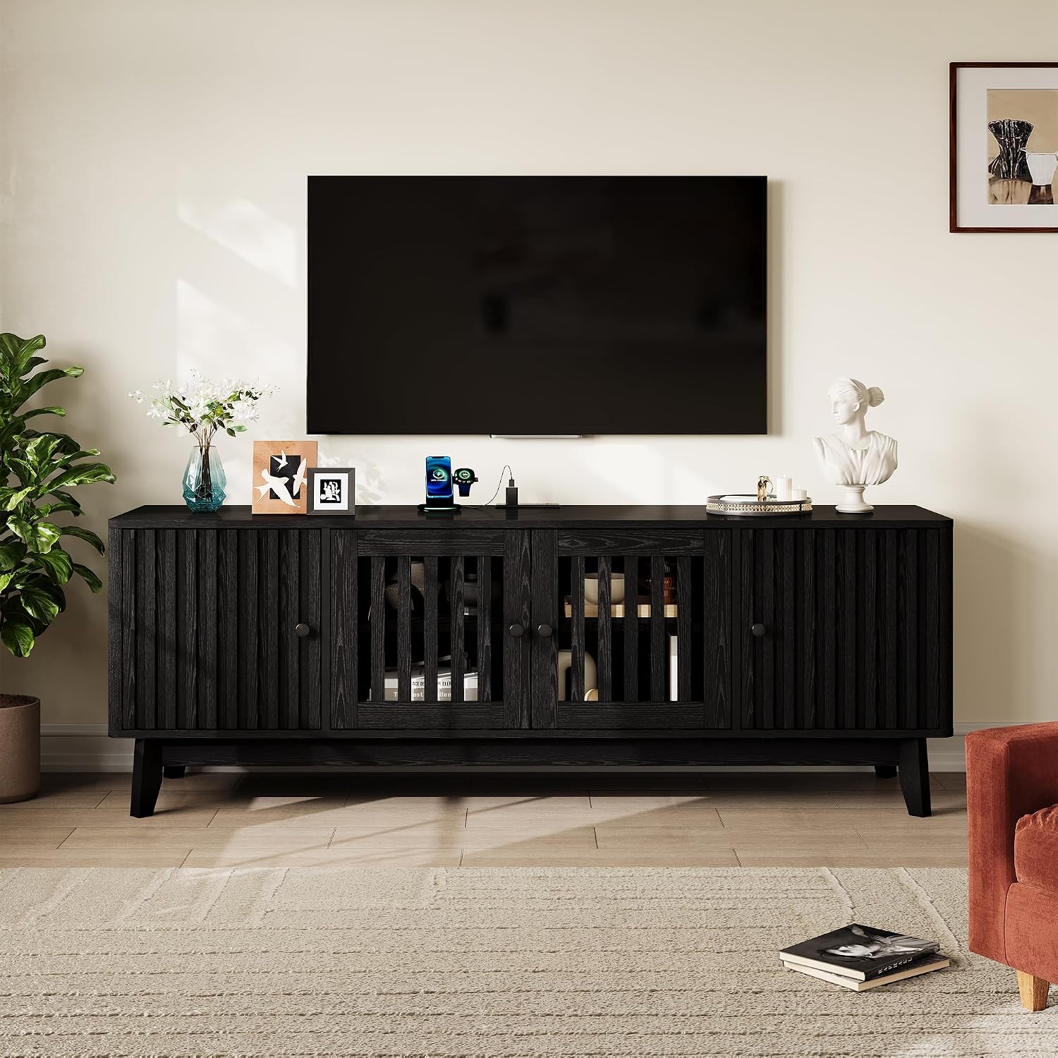 GarveeHome Mid Century Modern TV Stand, 63'' TV Stands for Living Room with Power Output and Adjustable Shelves, Entertainment Center with Storage and 4 Grille Doors, Wooden TV Console, Black