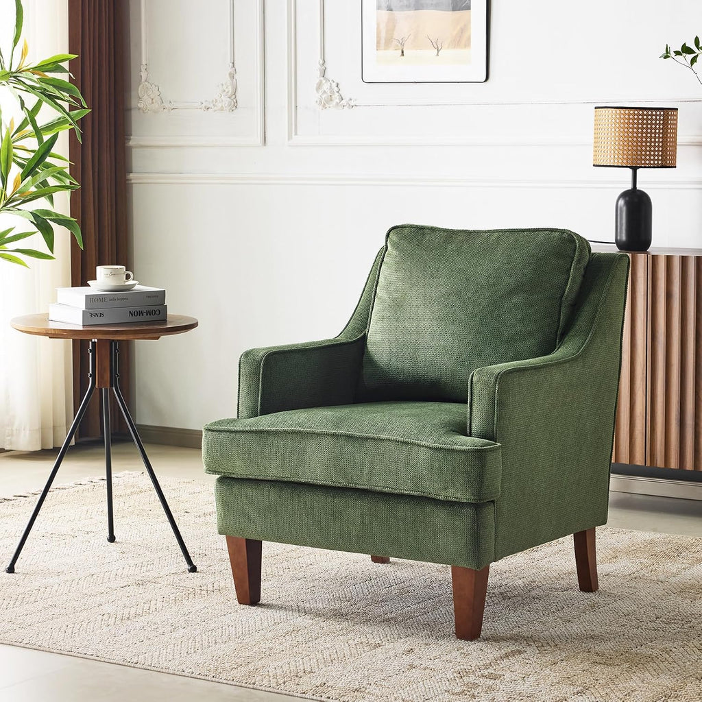 VINGLI Mid-Century Modern Accent Chair, Green Upholstered Armchair Comfy Sofa Chair Reading Chair High Back for Living Room Bedroom Furniture Apartment