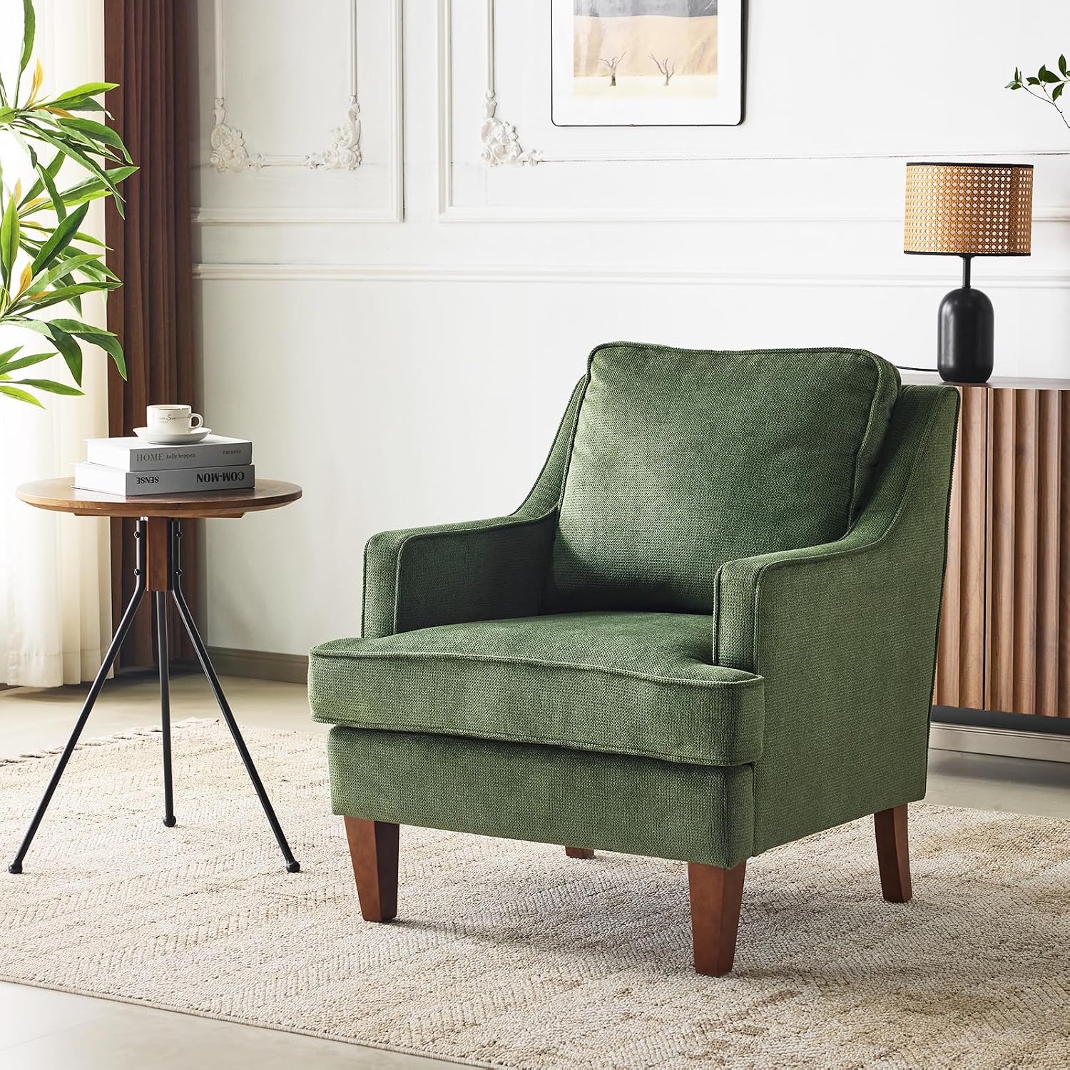 VINGLI Mid-Century Modern Accent Chair, Green Upholstered Armchair Comfy Sofa Chair Reading Chair High Back for Living Room Bedroom Furniture Apartment