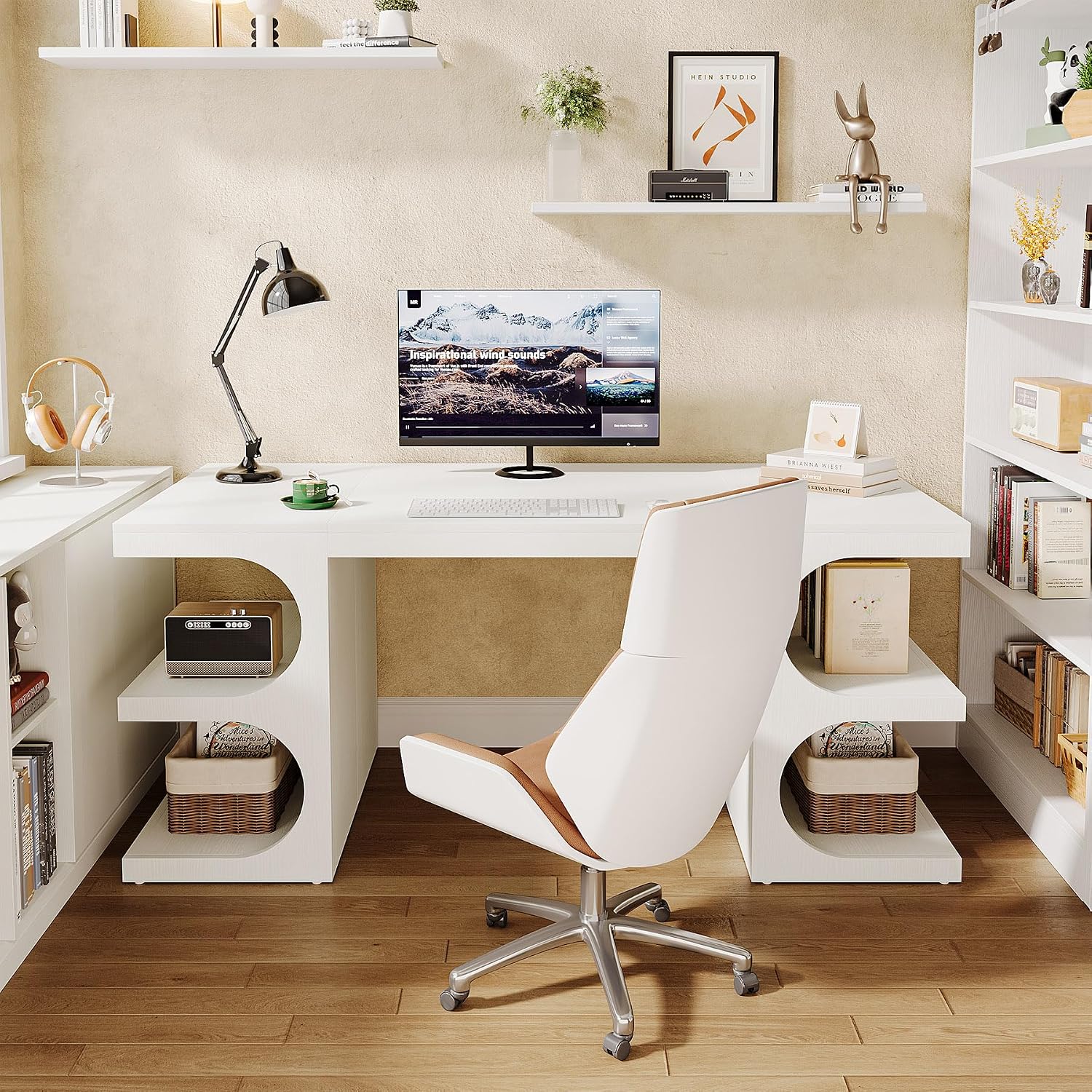 Tribesigns Modern Executive Office Desk, 63-Inch Large Computer Home Office Desk with Storage Shelves, Wood Study Writing Table, Workstation Business Furniture, White