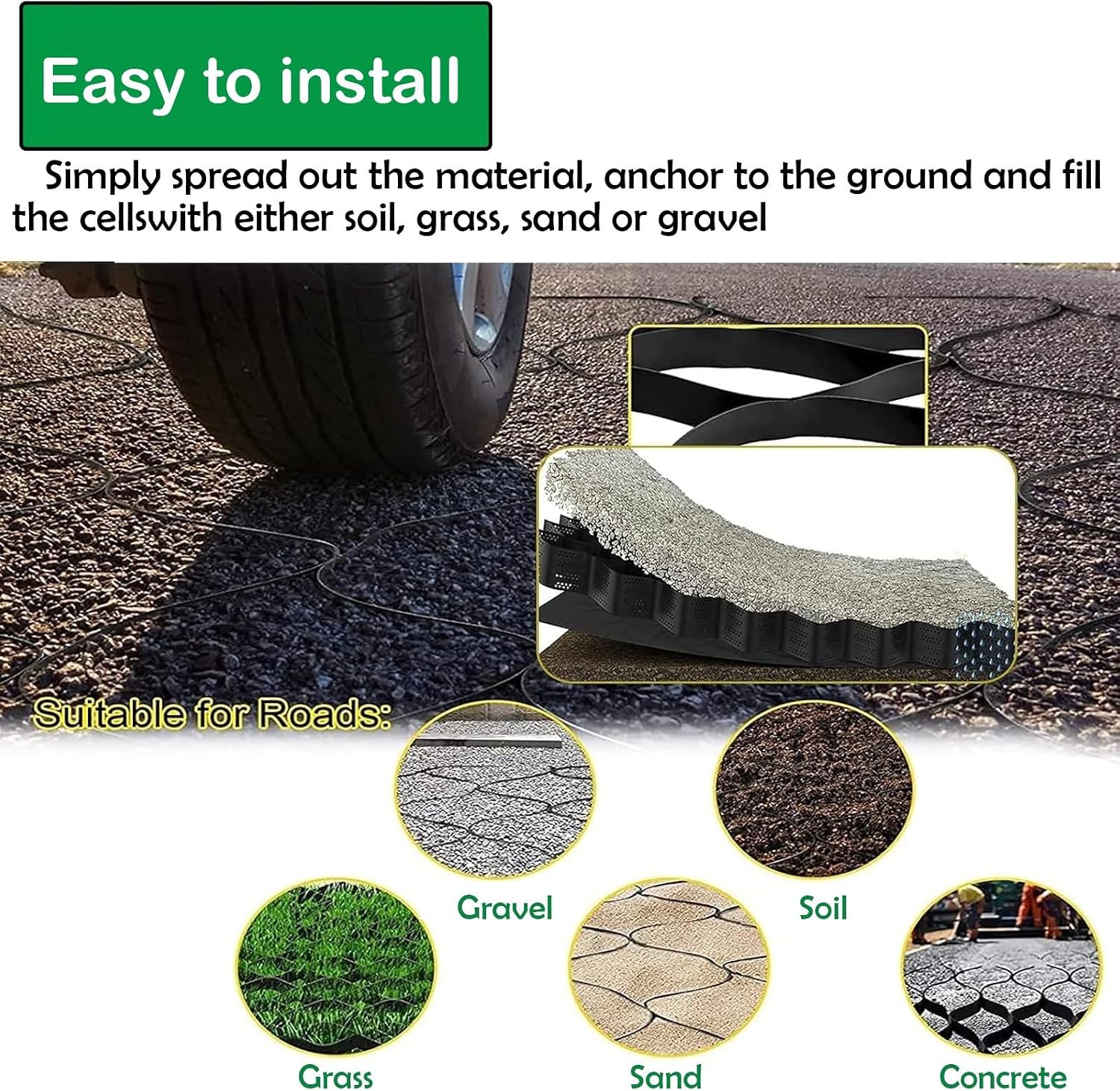 2' Thick Expandable Ground Grid Stabilizer, Length 13 ' 16'19'19.7 Ft HDPE Gravel Stabilizer Grid Landscape Staples Pea Gravel Grid for Driveway(H 10cm/4in,3x20ft/1x6m)