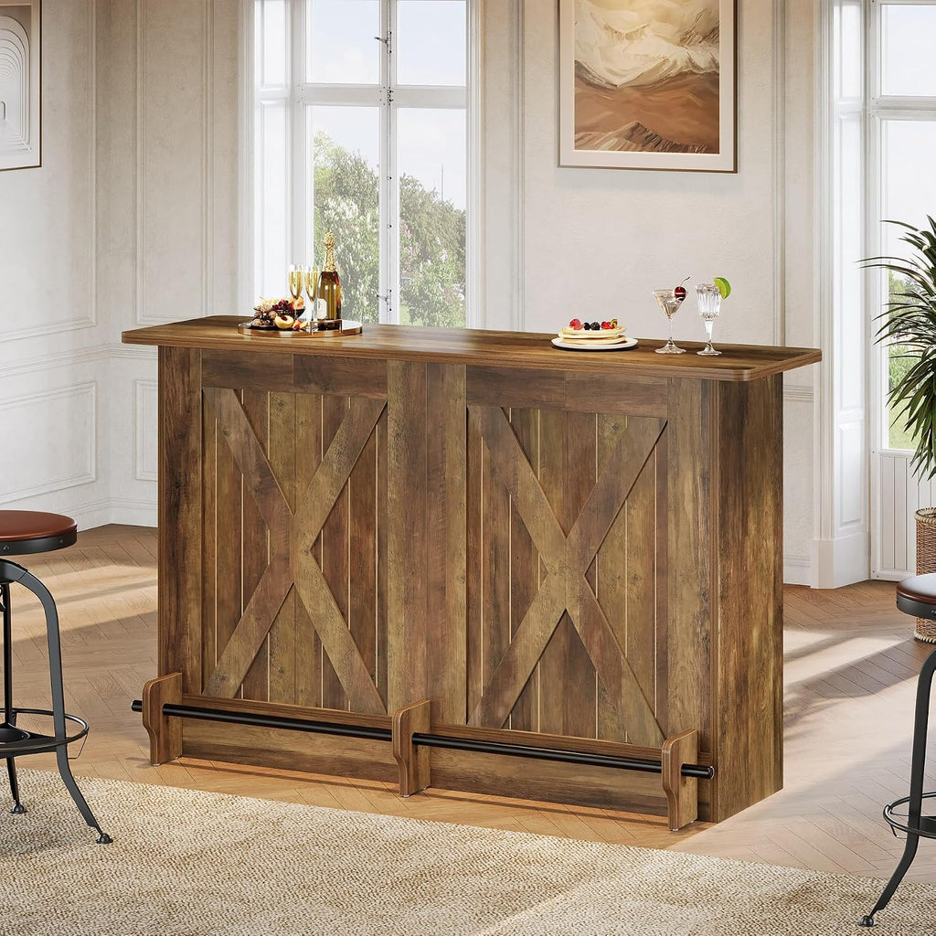 63-Inch Bar Table, 2-Tier Bar Cabinet Height Pub Table with Footrest, Modern Coffee Cabinet for Home Kitchen, Large Home Unit Liquor Furniture, Bistro, Dining Room, Living Room