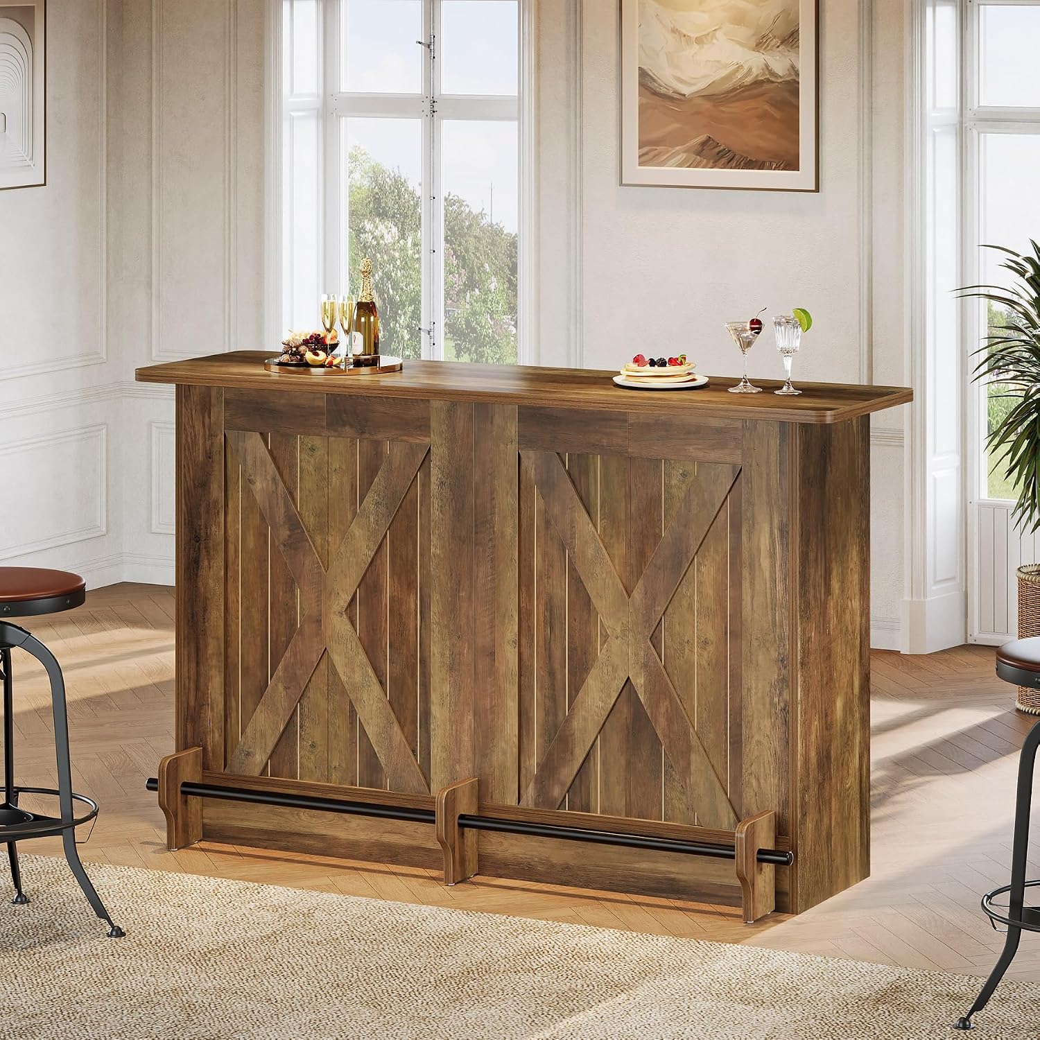 63-Inch Bar Table, 2-Tier Bar Cabinet Height Pub Table with Footrest, Modern Coffee Cabinet for Home Kitchen, Large Home Unit Liquor Furniture, Bistro, Dining Room, Living Room