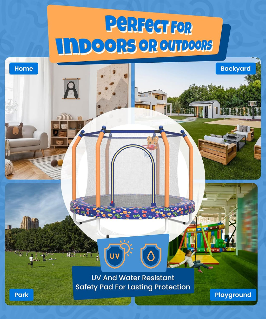 Mersco 55' Trampoline for Kids, 440lbs Capacity Indoor & Outdoor Toddler Kids Trampoline with Basketball Hoop, Safety Enclosure, Birthday Gifts for Boy and Girl, Age 1-8