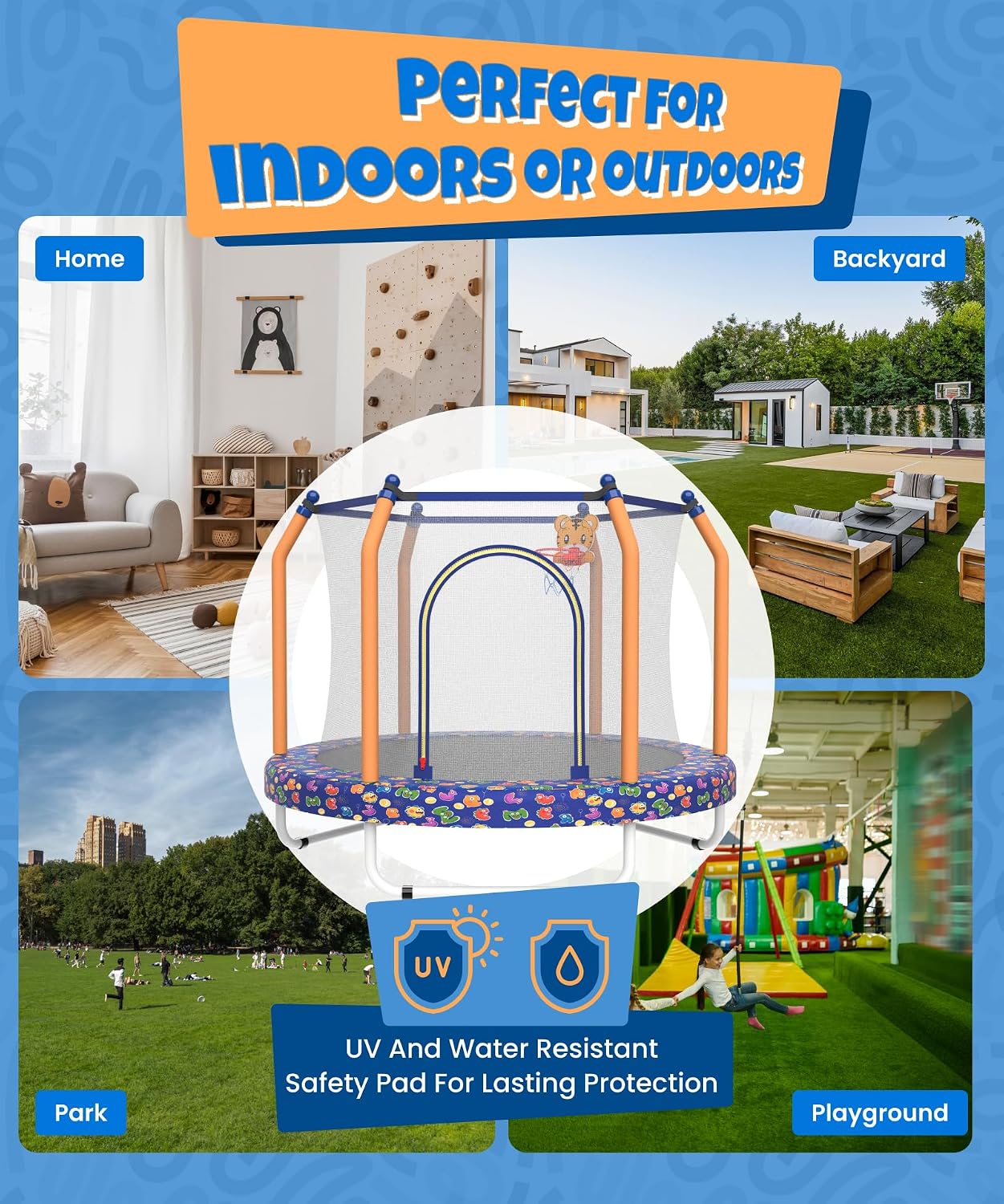 Mersco 55' Trampoline for Kids, 440lbs Capacity Indoor & Outdoor Toddler Kids Trampoline with Basketball Hoop, Safety Enclosure, Birthday Gifts for Boy and Girl, Age 1-8
