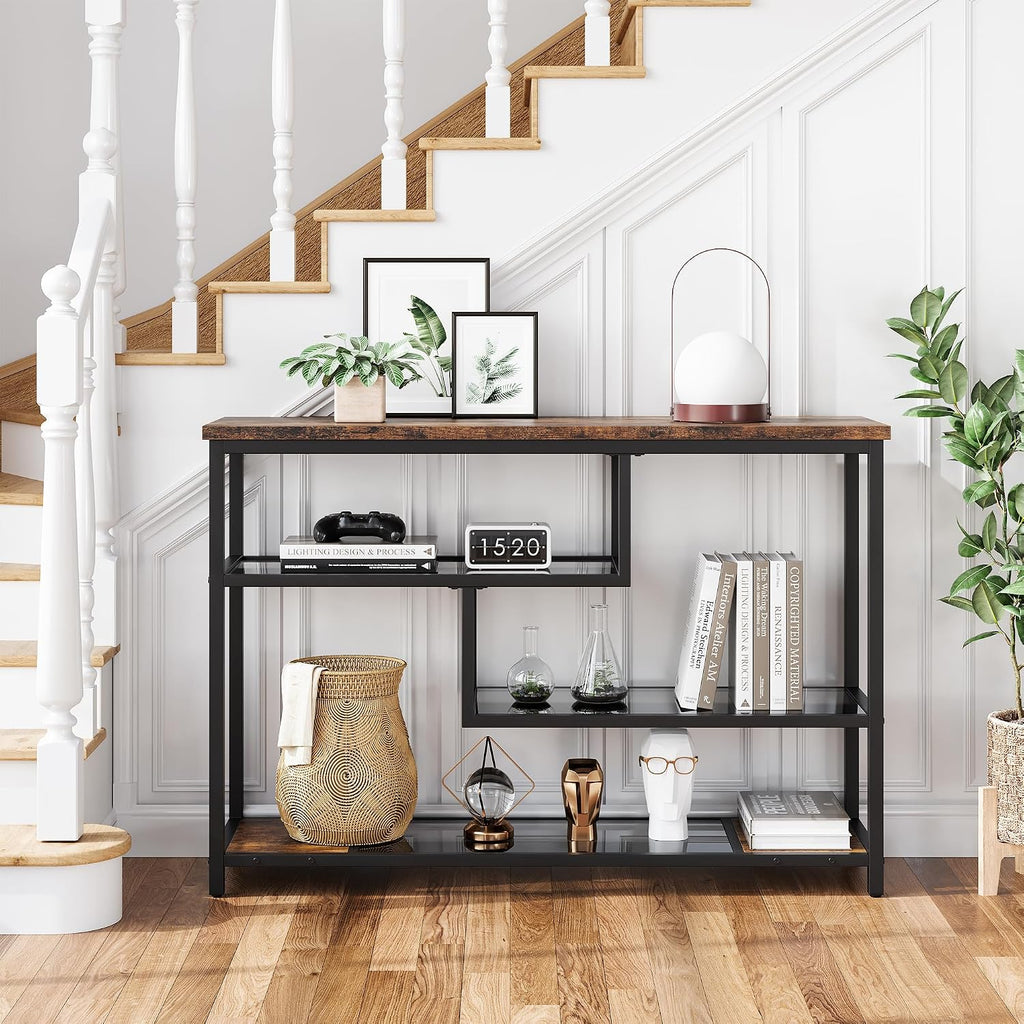 IDEALHOUSE 39.4' Console Table 4-Tier Narrow Entryway Table with Glass Storage Shelf and Metal Frame for Hallway, Living Room, Foyer, Bedroom, Corner Tables, Small Space Furniture, Rustic Brown