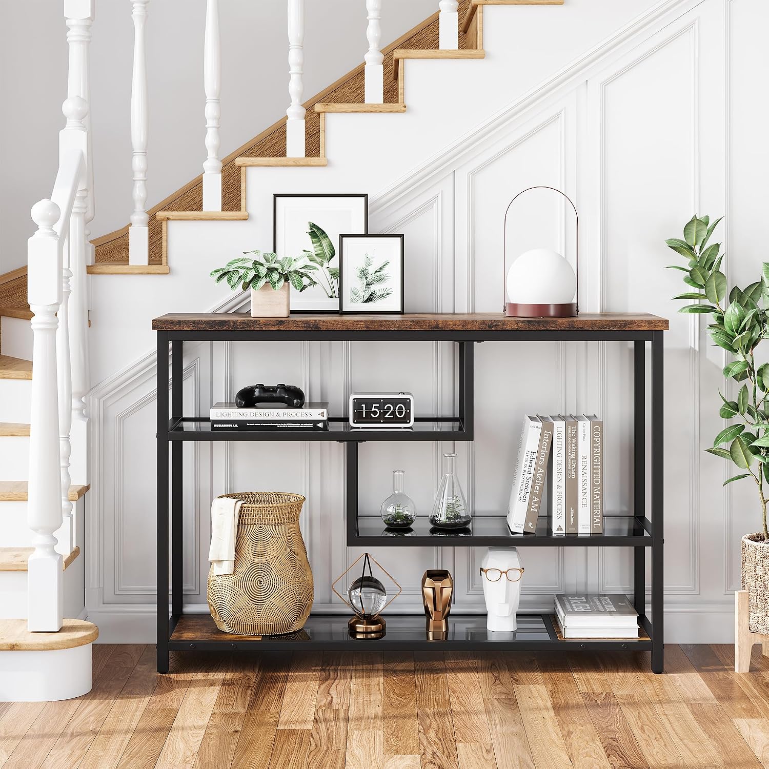 IDEALHOUSE 39.4' Console Table 4-Tier Narrow Entryway Table with Glass Storage Shelf and Metal Frame for Hallway, Living Room, Foyer, Bedroom, Corner Tables, Small Space Furniture, Rustic Brown