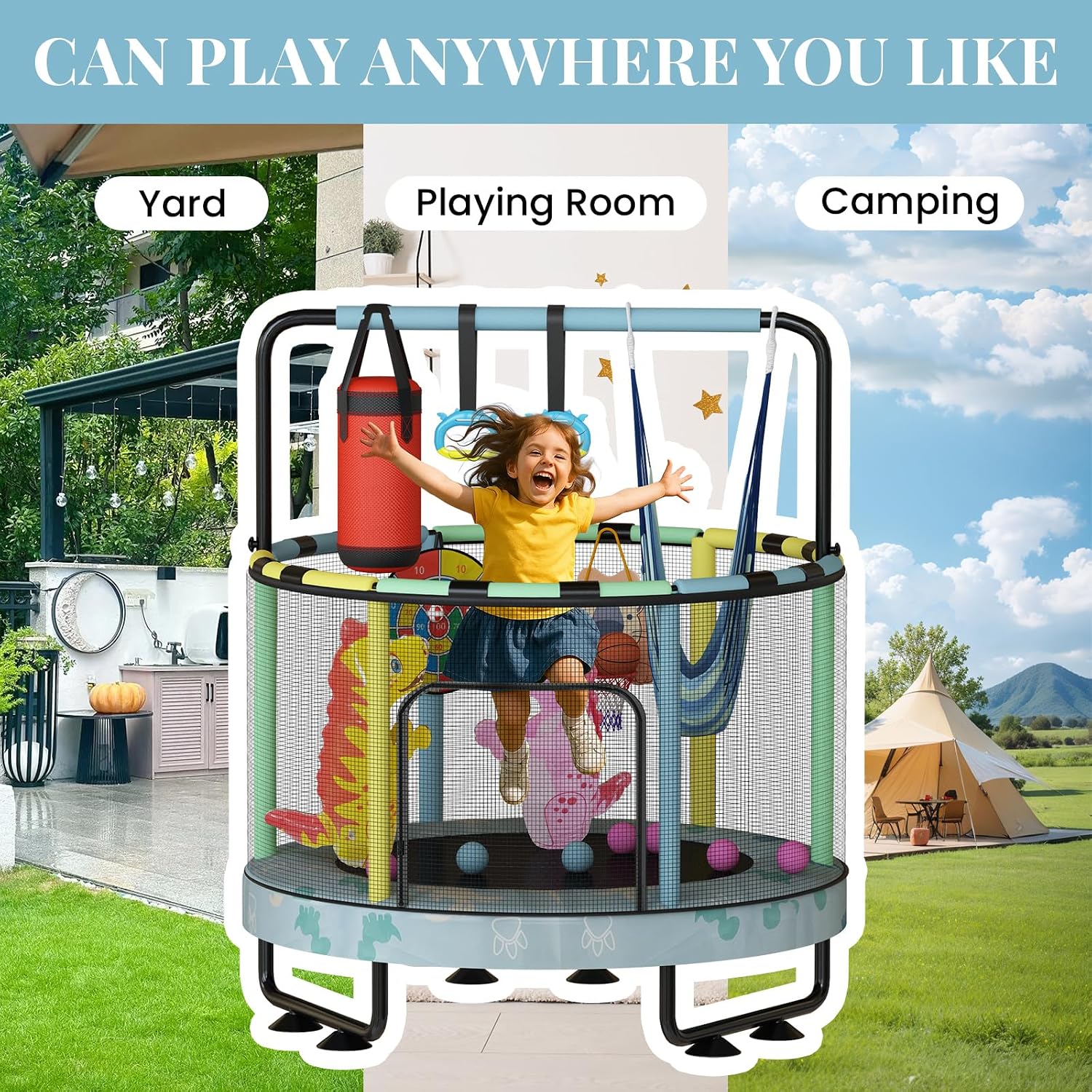 LAMERGE 55' 7-in-1 Round Trampoline for Kids Boys & Girls Ages 1-8, Indoor & Outdoor Trampoline for Fun, Adjustable Height Handrail ＆ Enclosed Safety Net ＆ Durable Designs for Toddlers Children