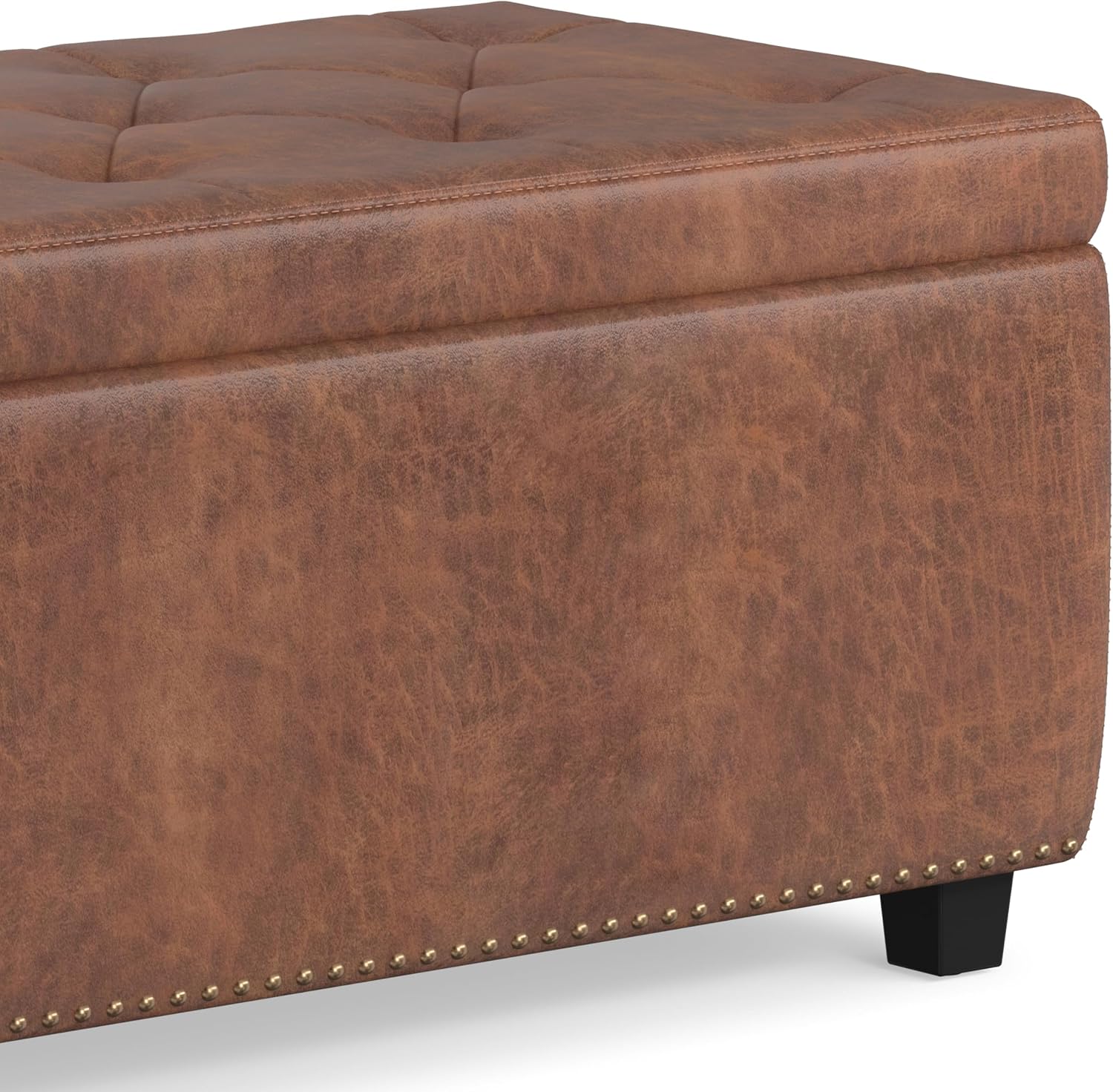 SIMPLIHOME Hamilton Storage Ottoman - 48 inch Wide Upholstered Vegan Leather Rectangle Storage Ottoman Bench in Distressed Umber Brown, Traditional Tufted Ottoman for Living Room with Lift-Up Lid