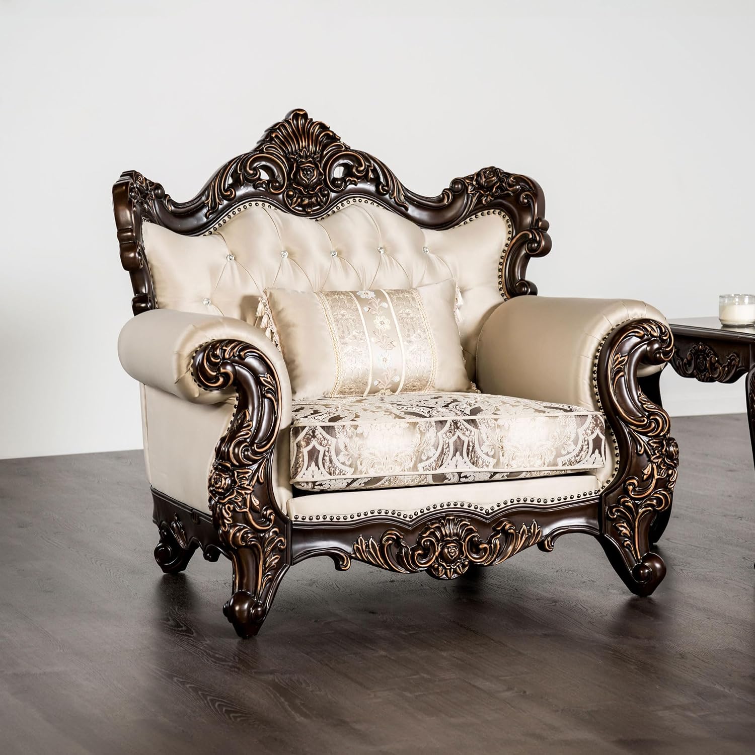 Furniture of America Zephyra Traditional Faux Leather Chair with Rolled Armrests and Accent Pillows, Wooden Comfortable Couch for Living Room, Office, Bedroom, Dark Cherry/Beige