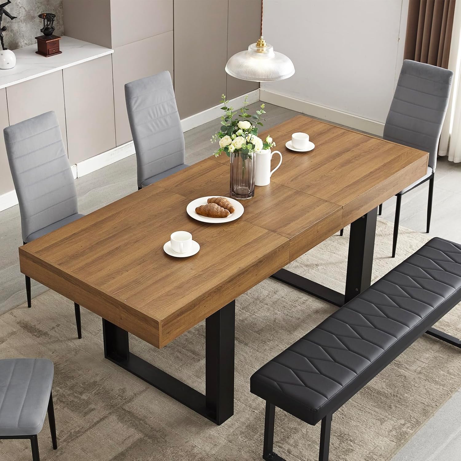 STHOUYN 63'-79' Extendable Dining Room Table, Modern Farmhouse Wooden Kitchen Table, Long Expandable Dining Table for 6 8 10, Large Expanding Tables Conference Tables (Walnut Brown)