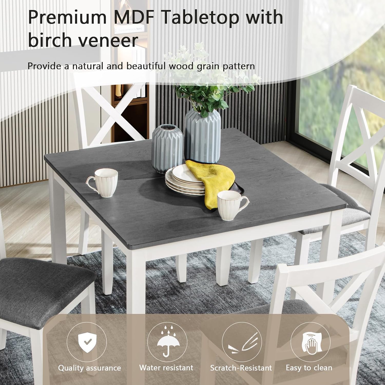 5-Piece Dining Table Set for 4, Kitchen Dining Table with 4 Soft Cushioned Solid Wood Chairs, Ideal for Home or Restaurant Use.(Gray & White_Small)