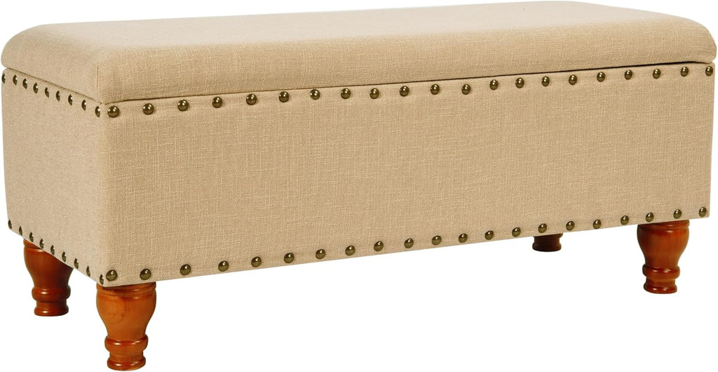 Homepop Home Decor | Upholstered Bench with Nailhead Trim | Large Ottoman with Storage for Living Room & Bedroom | Decorative Home Furniture, Tan Linen