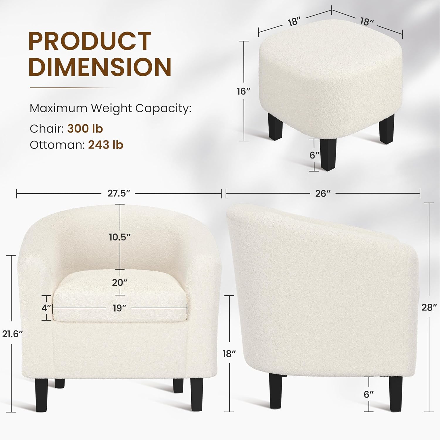 Yaheetech Barrel Chair with Ottoman Set, Boucle Fabric Accent Chair with Soft Padded and Sturdy Legs for Living Room/Bedroom/Study/Waiting Room, Ivory