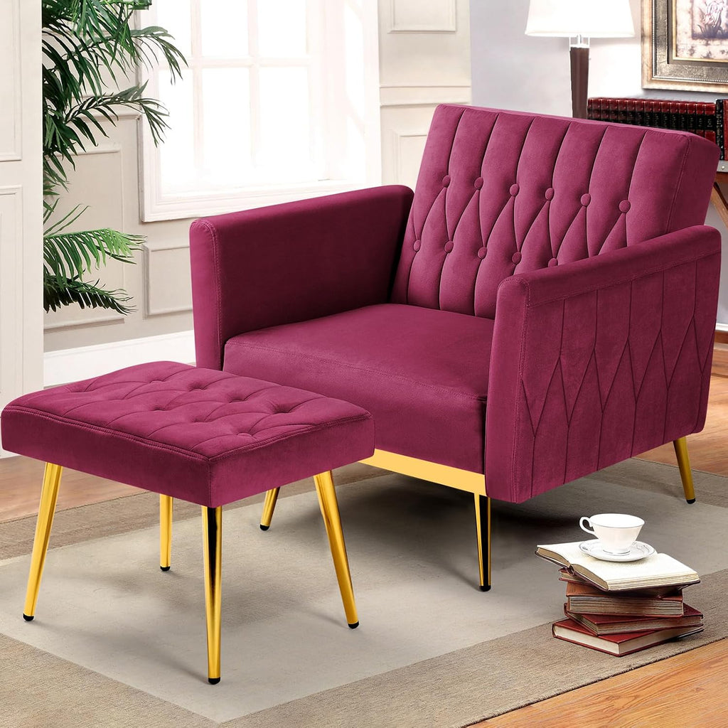 Velvet Accent Chair with Adjustable Armrests and Backrest, Button Tufted Lounge Chair, Single Recliner Armchair with Ottoman and Pillow for Living Room, Bedroom, Fuchsia