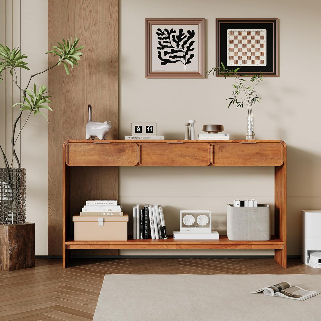Christopher Knight Home Tida Vintage Narrow Console Table with Drawers, Solid Wood Entryway Table with Open Storage Shelf, Behind the Couch Long Sofa Table for Living Room, Brown