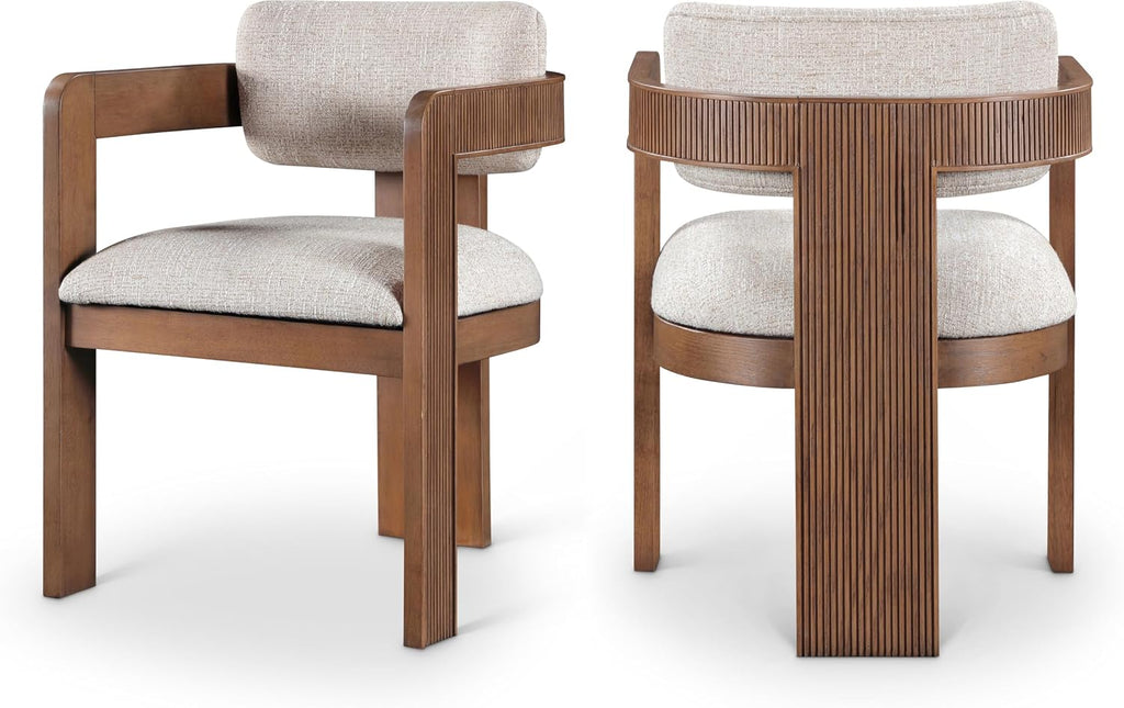 Meridian Furniture Sacha Collection Art Deco Dining Chair, Solid Fluted Wood, 22.5' W x 22' D x 31' H, Set of 2 (Beige, Brown Finish, Velvet)