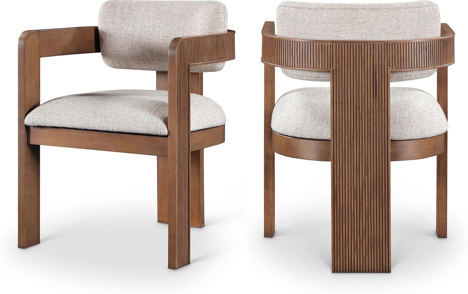 Meridian Furniture Sacha Collection Art Deco Dining Chair, Solid Fluted Wood, 22.5' W x 22' D x 31' H, Set of 2 (Beige, Brown Finish, Velvet)