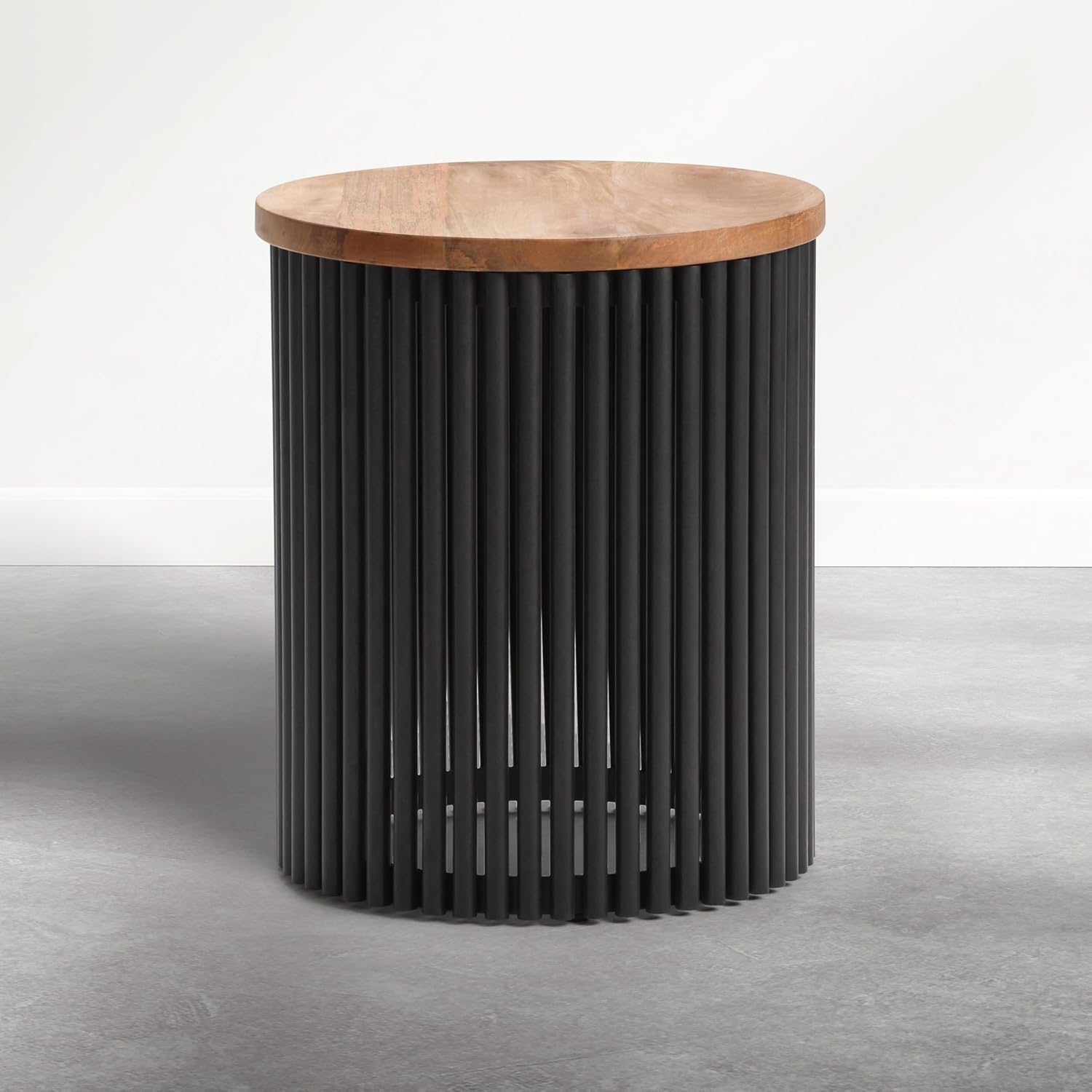 SIMPLIHOME Demy Accent Table - 18 inch Wide Solid Mango Wood and Metal Round Side Table in Earthtone/Ebony, Modern End Table for Living Room or Bedroom with Slatted Base Design, Assembled
