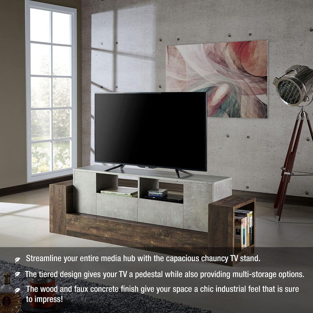 HOMES: Inside + Out Chauncy Contemporary 2 Open Shelves TV Stand with 2 Drawers On Metal Glides, Media Center, for Family Room, Entertainment Room, Entertaining, Movie Night, 71-inch, Gray Concrete