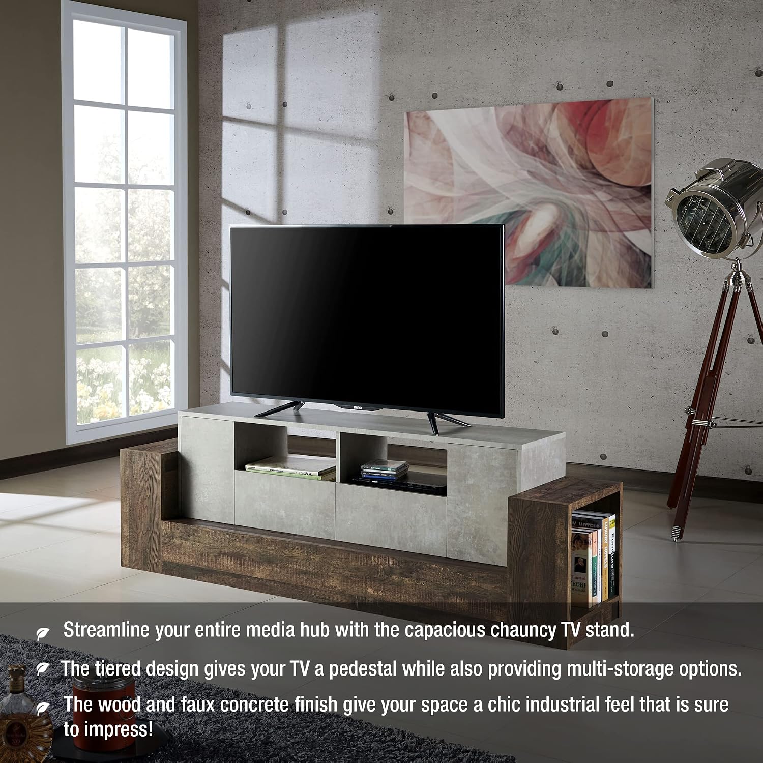 HOMES: Inside + Out Chauncy Contemporary 2 Open Shelves TV Stand with 2 Drawers On Metal Glides, Media Center, for Family Room, Entertainment Room, Entertaining, Movie Night, 71-inch, Gray Concrete