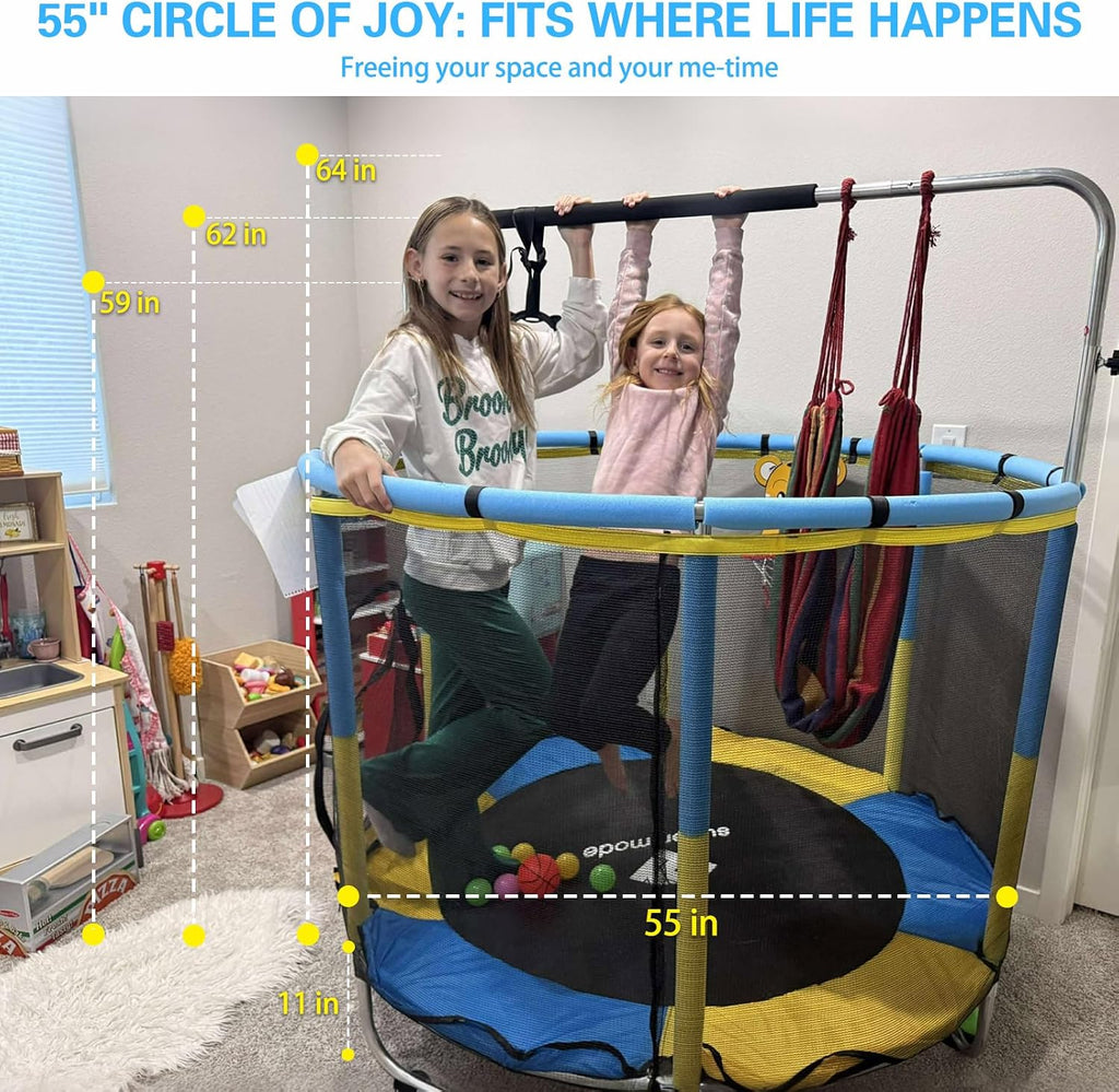 55' Indoor & Outdoor Trampoline for Kids with Enclosure, Toddler Trampoline with Adjustable Gymnastics Bar & Toys, No-Gap Safety Design