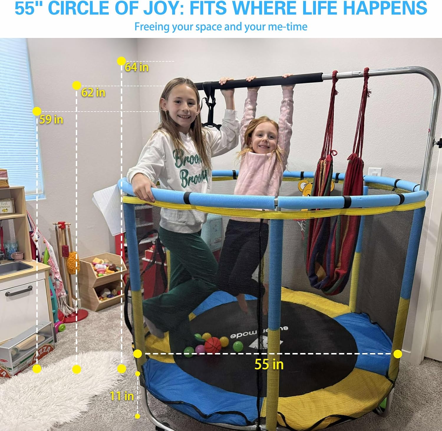 55' Indoor & Outdoor Trampoline for Kids with Enclosure, Toddler Trampoline with Adjustable Gymnastics Bar & Toys, No-Gap Safety Design