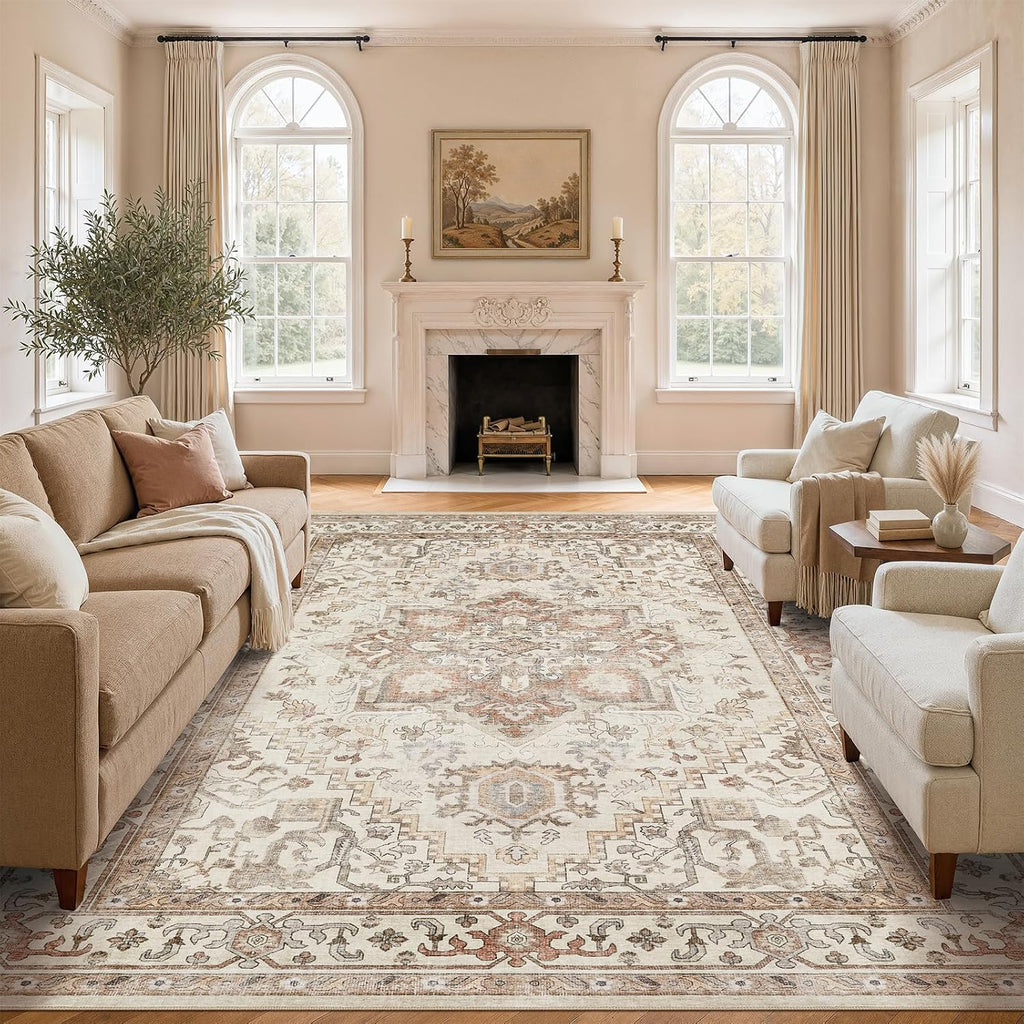 DTICON Washable Rug 10x12 Area Rugs: Boho Vintage Distressed Oriental Medallion Neutral Thin Large Rug Carpet for Living Room Bedroom Dining Room Home Office Decor - Beige