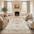 Washable Rug 9x12 Area Rugs: Boho Vintage Distressed Oriental Medallion Neutral Thin Large Rug Carpet for Living Room Bedroom Dining Room Home Office Decor - Beige