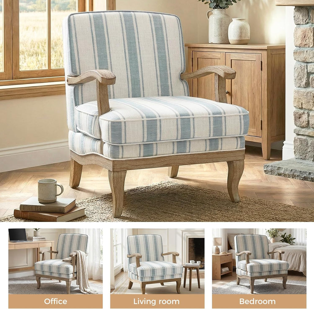 HULALA HOME Upholstered Accent Chair, Mid-Century Modern Striped Chair with Graceful Curves and Wooden Legs, Comfy Lounge Armchair Striped Accent Chairs for Living Room, Bedroom (Blue)