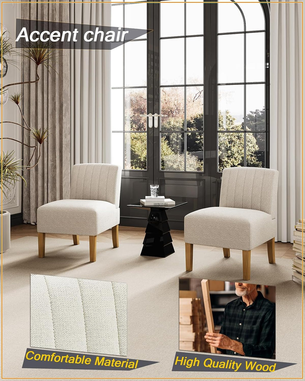 Armless Accent Chairs Set of 2 for Bedroom, Bedroom Chair for Bedroom Living Room Chair with Solid Wood Legs, Makeup Vanity Chair Fabric Comfy Upholstered Reading Chair Accent Chair,Beige