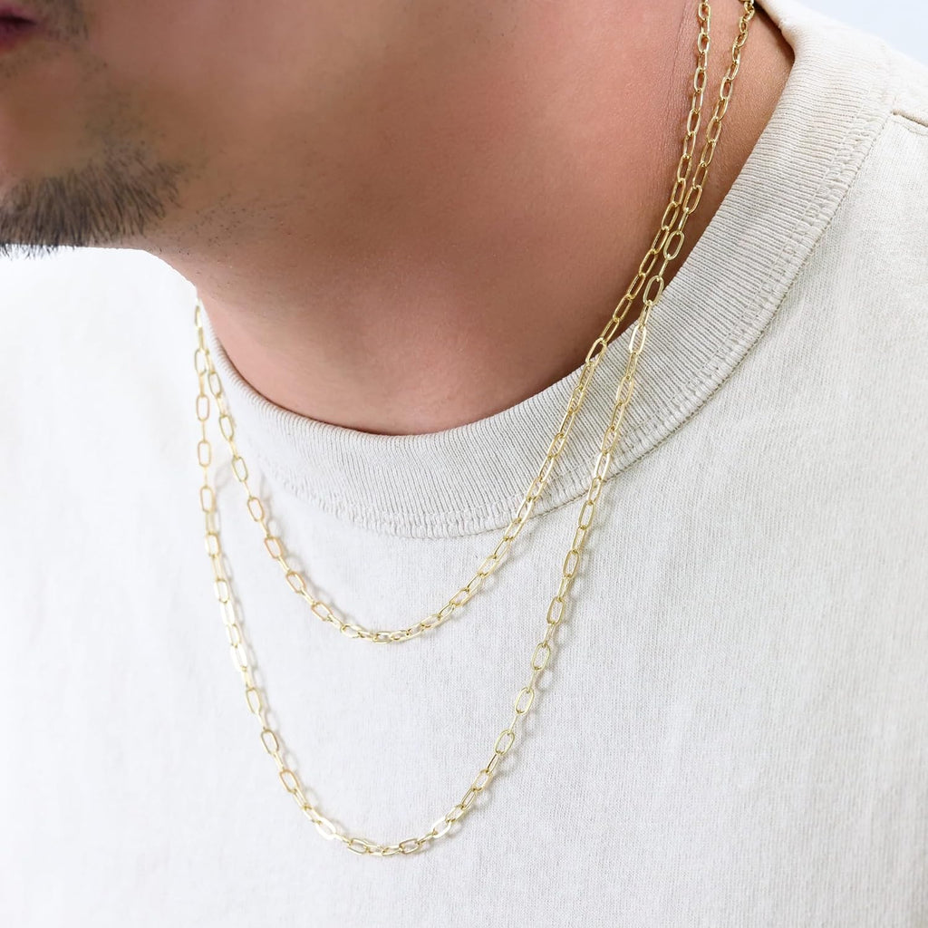 Nuragold 14k Real Yellow Gold Paperclip 3mm Elongated Cable Link Necklace (16'-24') Dainty Italian Jewelry for Men & Women